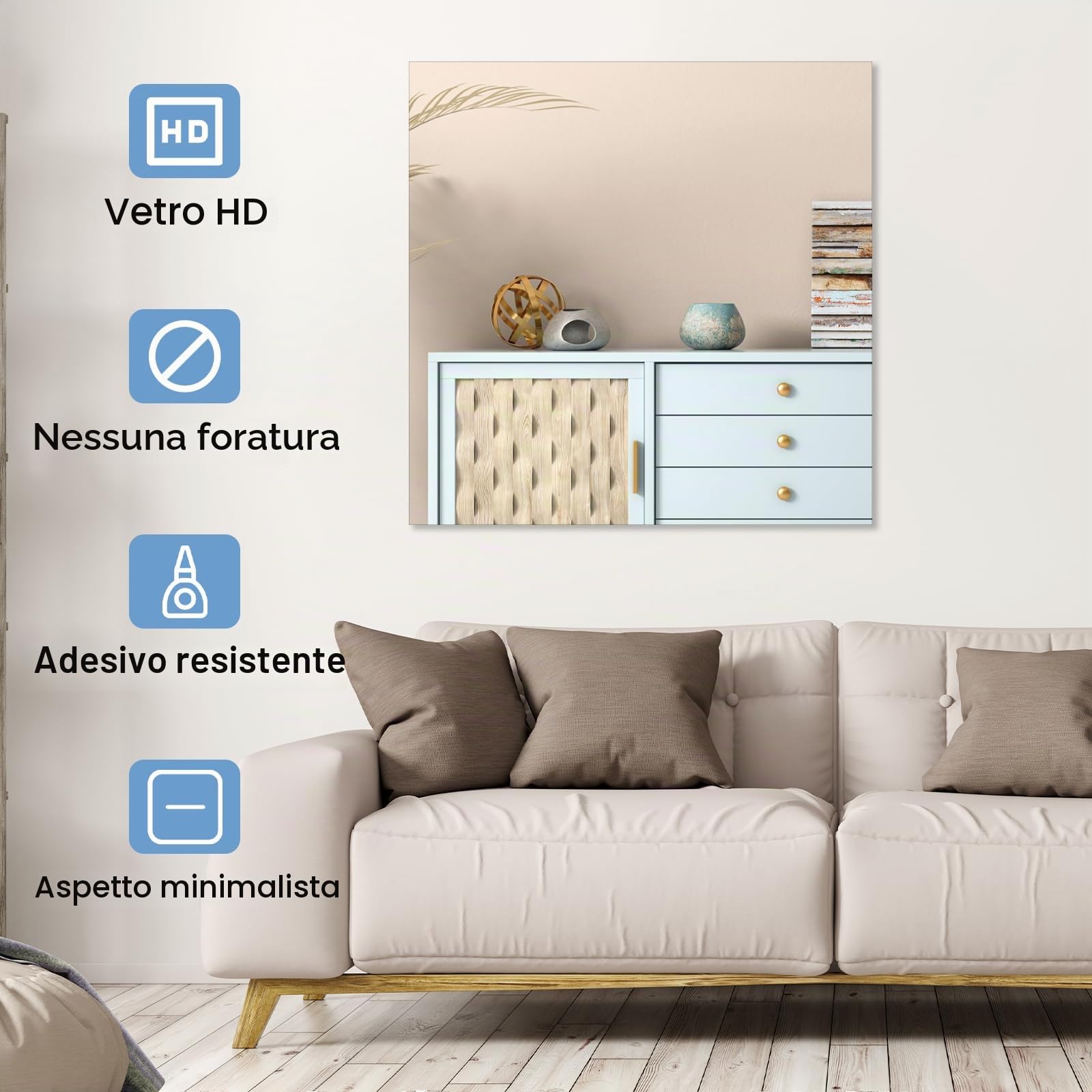TSKDKIT Specchio autoadesivo grande da 50 cm, specchio da parete quadrato senza cornice, in vetro HD, per bagno, porte dell'armadio, soggiorno, corridoio (50 x 50 cm)