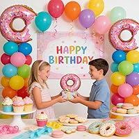 Vista 6 de 10 globos rosados de dona para cumpleaños con temática de donas, suministros de fiesta de boda