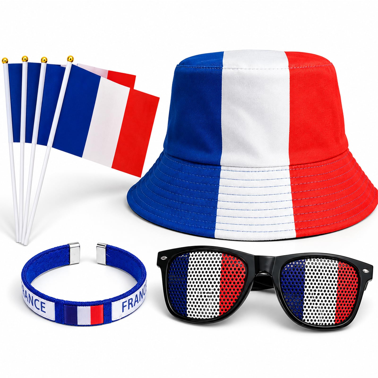 Kit Supporter France pour Grand Événement Football - Accessoires Football 6 Pièces incluant Chapeau de pêcheur Polyester, Lunettes Drapeau, 3 Pavillons à Main et Bracelet Tricolore pour Fan de Foot