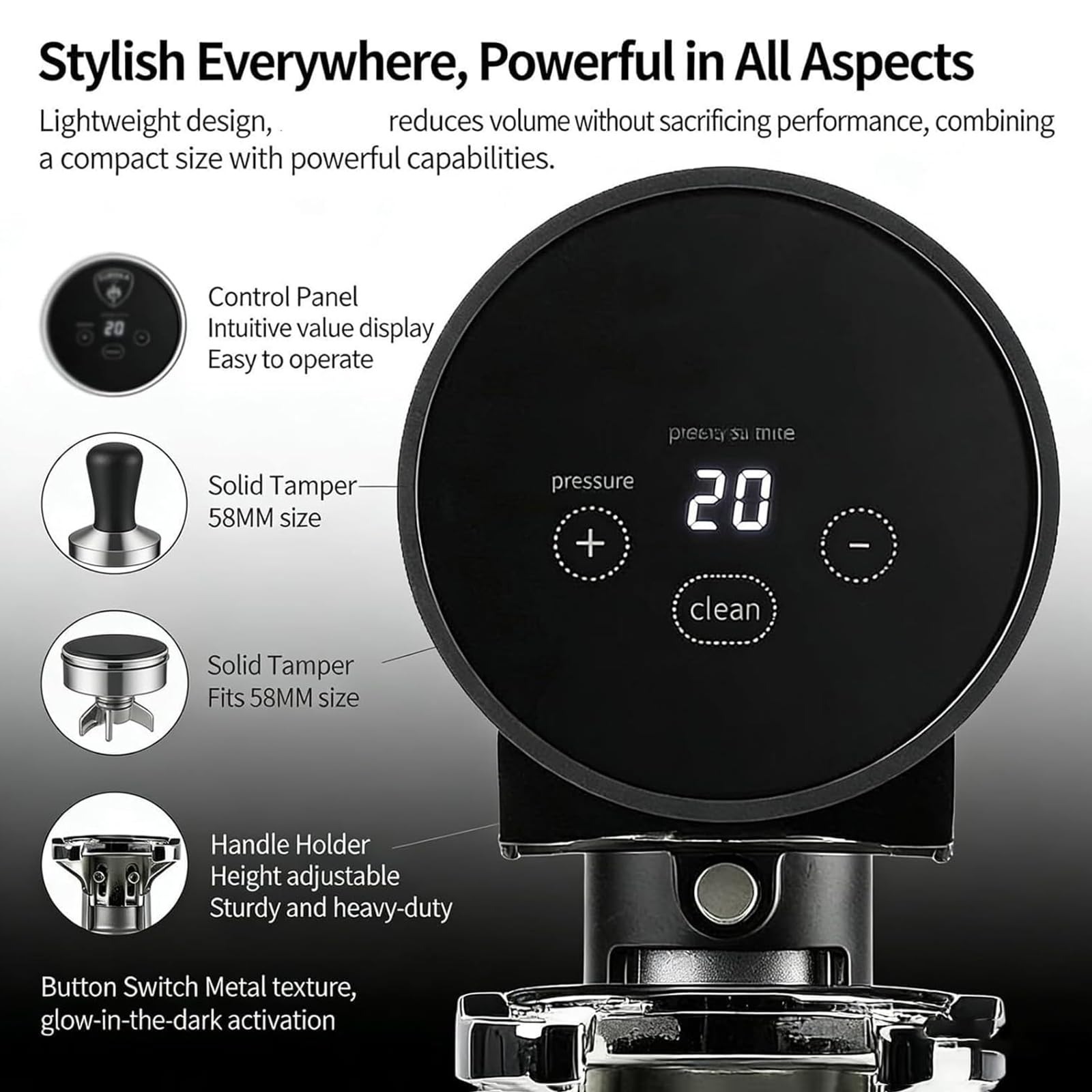 58mm Automatic Espresso Coffee Tamper, 22-66lbs Pressure, Height Adjustable, Customizable Modes, For Cafe