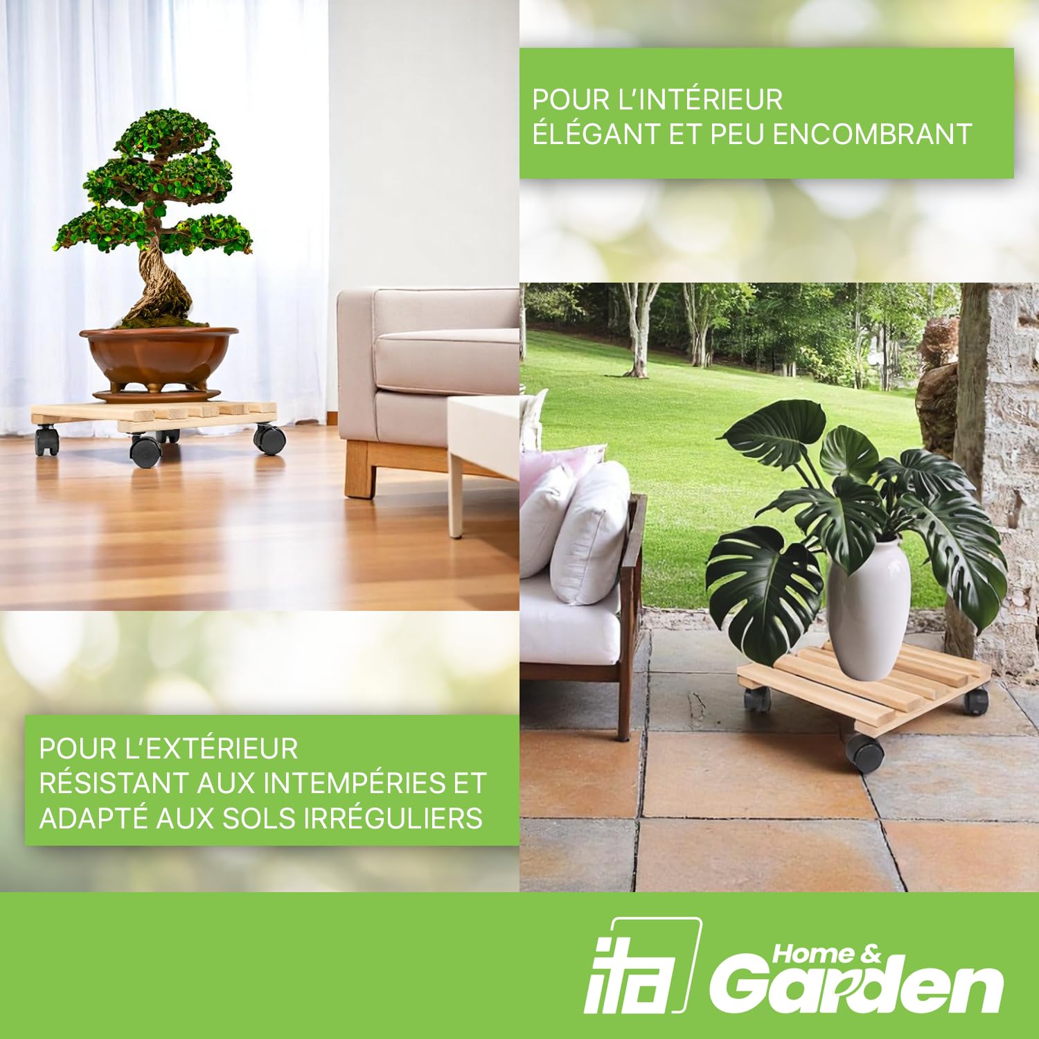 ITA Ensemble de 5 Supports Roulants pour Plantes Carrés 30x30 cm en Bois de Hêtre - Capacité de Charge 120 kg - Intérieur et Extérieur - Fabriqué en UE