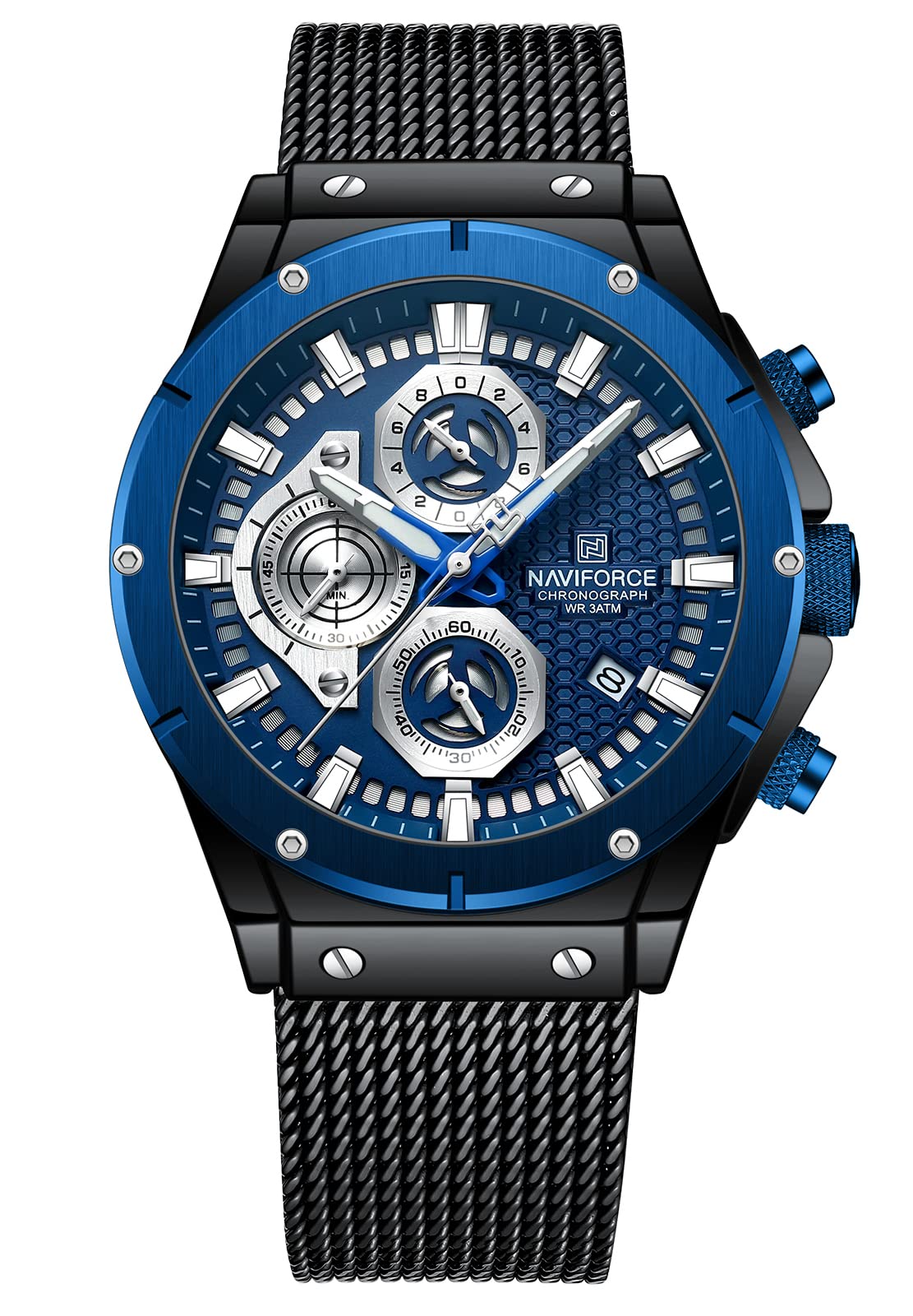 NaviforceFashion Stainless Steel Mesh Band Chronograph Quartz Watch for Men Auto Date Sport Waterproof Analog Wrist Watches