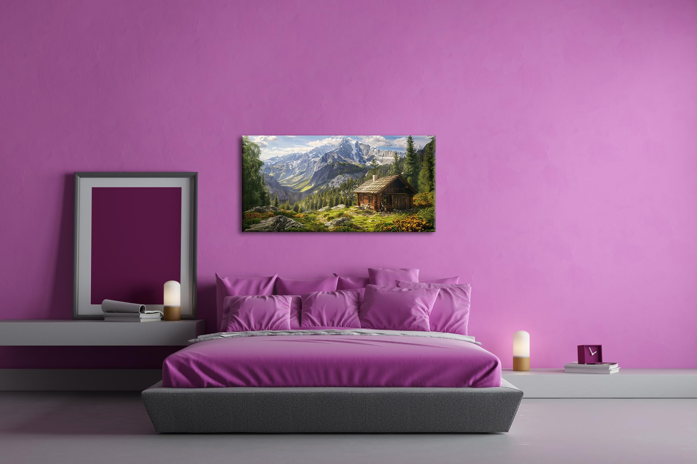 Berghütte mit Panorama, umgeben von majestätischen Bergen Panorama 120x60cm XXL Kunstdruck Motiv auf Holzrahmen/Leinwandbild/Wandbild/Wohnzimmer Dekoration