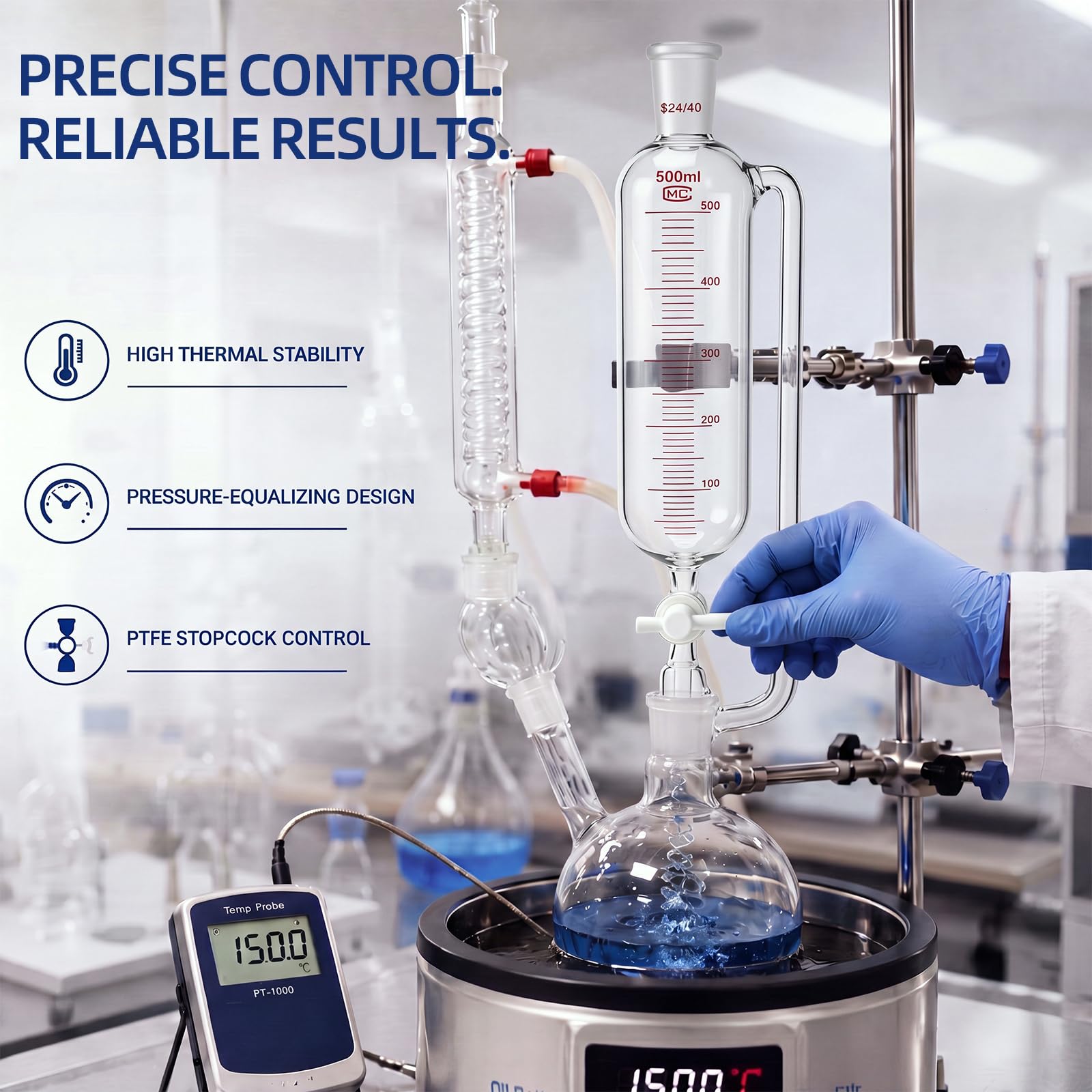 Sabary Embudo cilíndrico de adición de vidrio de borosilicato de 500 ml con llave de paso de PTFE doble 24/40, juntas cónicas estándar graduadas para sistema cerrado