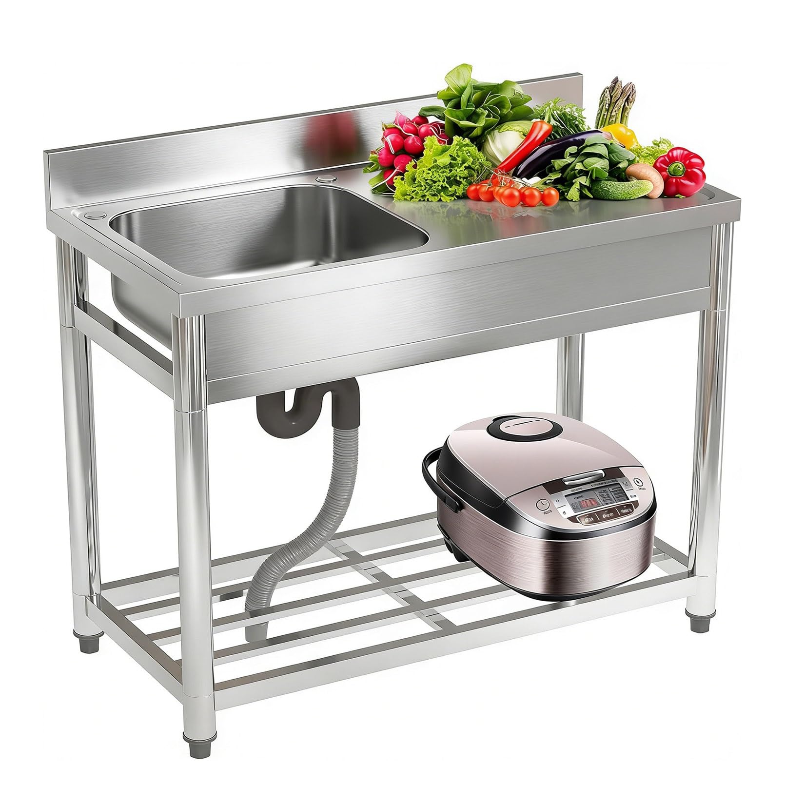 Évier Utilitaire extérieur en Acier Inoxydable, évier de Cuisine autoportant avec Robinet pivotant à 360°, Grand bac et étagère de Rangement, Poste de Travail idéal pour Les restau