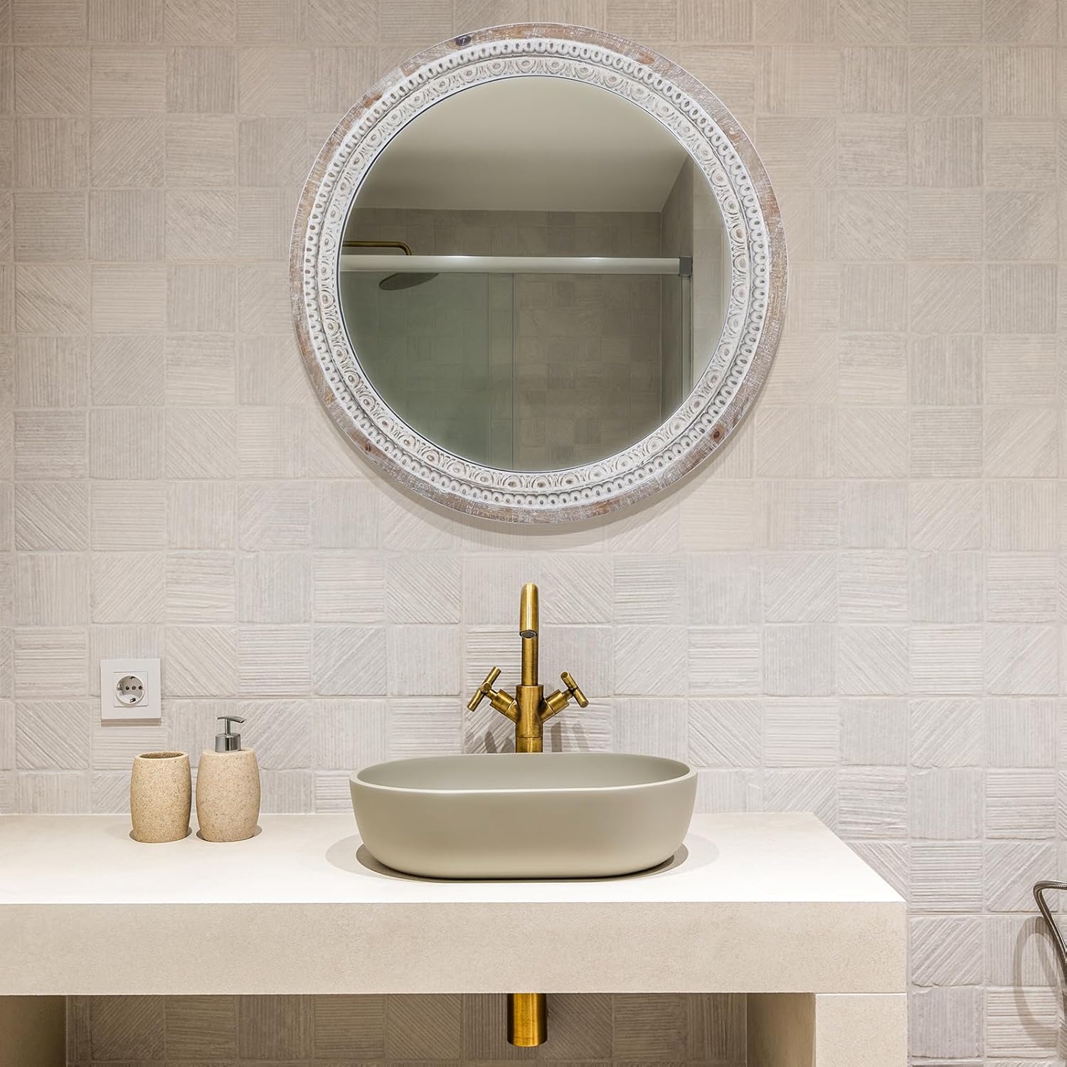 24'' Round Wall Mounted Mirror, Wood Decorative Circle Mirrors, Boho Mirrors with Beaded Frame, Rustic Vanity Mirror, Distressed Mirror for Bathroom, Living Room, Bedroom, Entryway