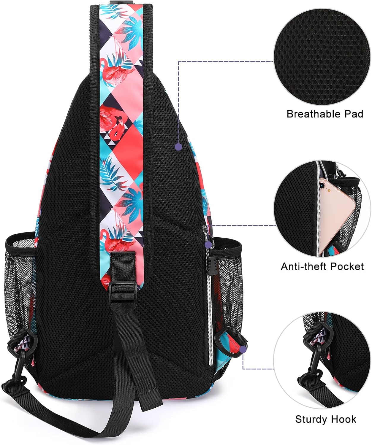 MOSISO Crossbody Sling Backpack, Portable Travel Hiking Daypack Chest Sling Bag Casual Daypack One Strap Chest Backpack for Women Men Outdoor Hiking Travel, Flamingo&Rhombic Grid - Image 4