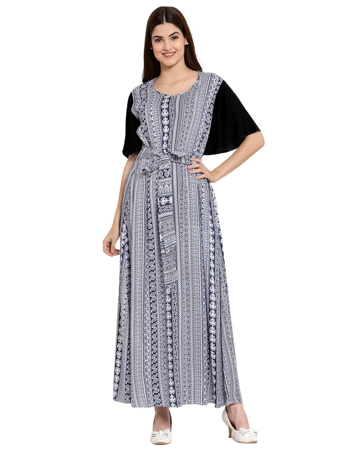 Women's Bohemian Printed Maxi Dress with Belt/Short Sleeve Long Dress for Casual, Lounge & Summer Wear-image-5