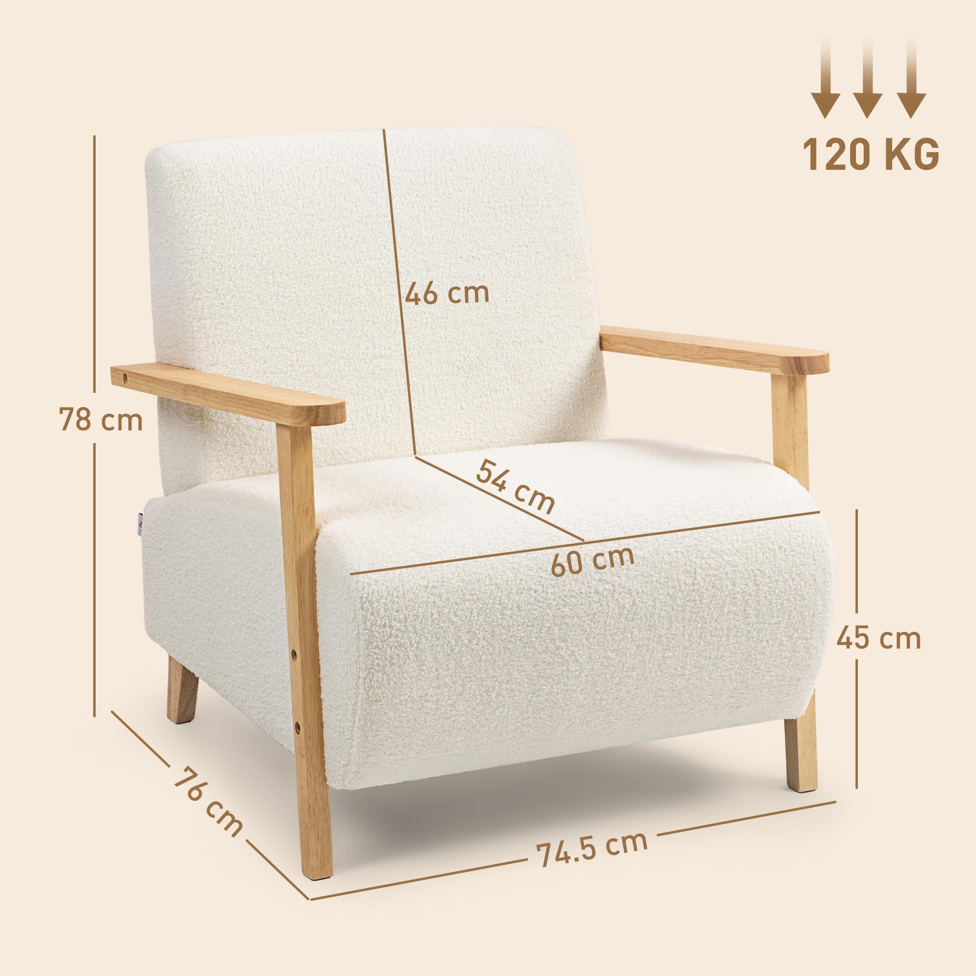 HOMCOM Poltrona da Salotto con Rivestimento in Tessuto Sherpa, Poltroncina da Camera Stile Nordico con Braccioli e Gambe in Legno di Gomma, Imbottitura Spessa, Crema