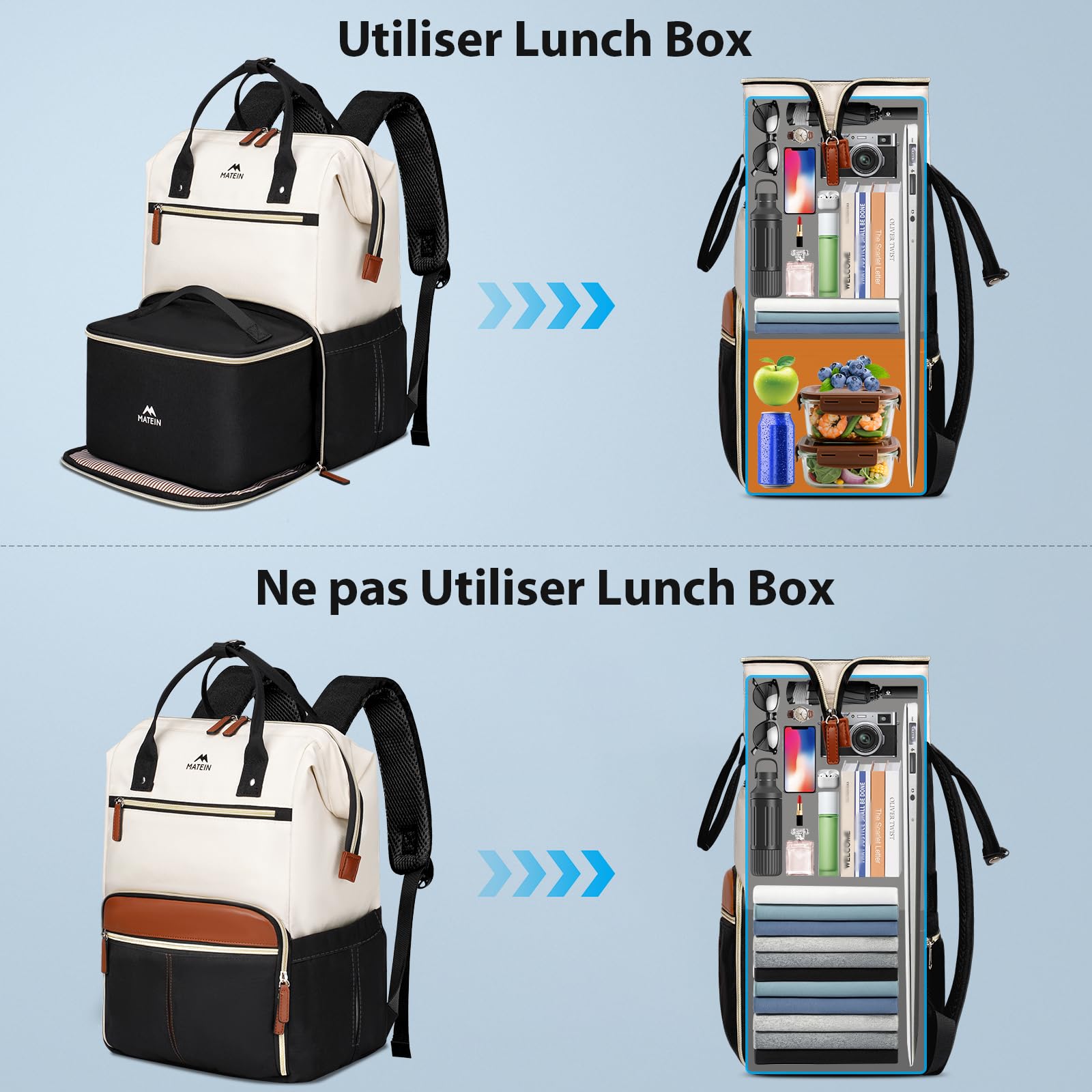 MATEIN Sac à Dos Repas Isotherme Déjeuner Femme, 15,6" Sac à Dos College | Set de 2 Ordinateur Portable Travail avec Sac Repas Isotherme Amovible, pour École Voyage et Travail, Kaki Beige