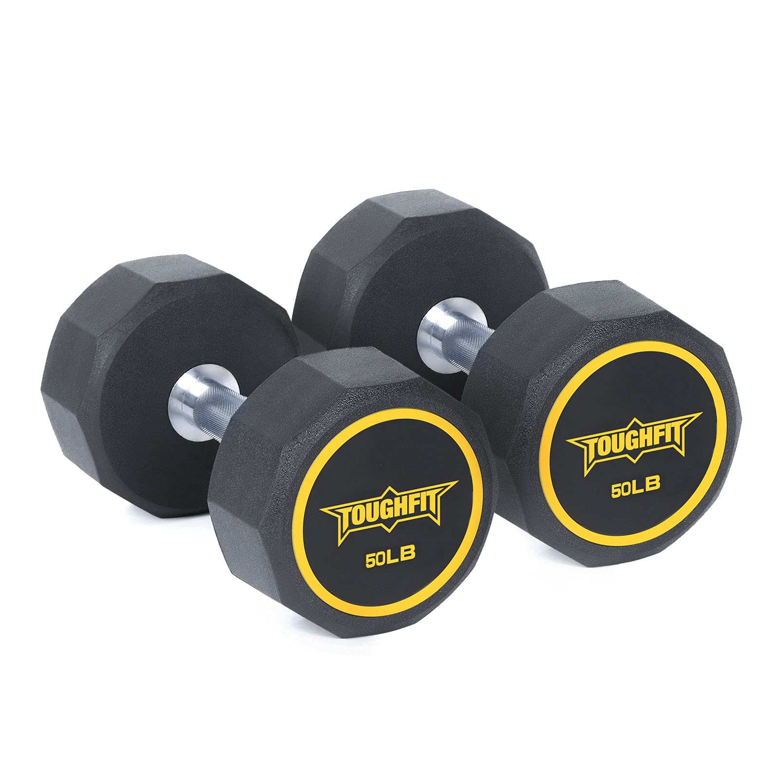 ToughFit Decagon Dumbbell Set - PEV Encased Coated Black Dumbbells - Free Weights with Non-slip knurl Iron Handle in Pairs or Single for Strength Training, Home Gym, Workouts(50 Pounds, Pair)