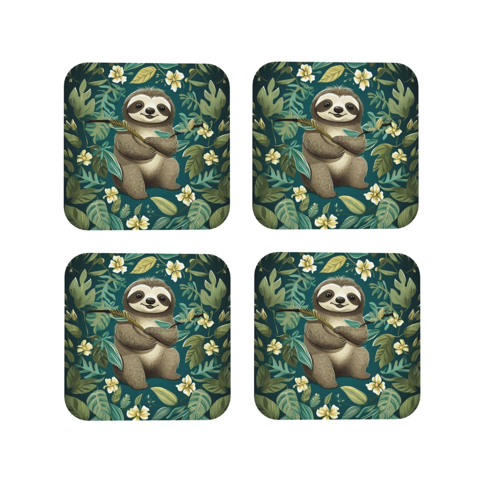 4Pcs PU Leather Coaster for Drinks, Adorable Sloth Cup Coastersr 4" Cup Mat Pad, Aesthetic Drink Coasters for Coffee Table, Square Coaster for Tabletop Protection