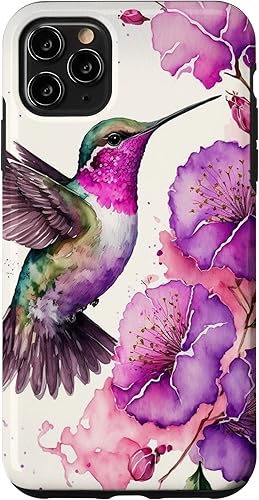 Funda para iPhone 11 Pro Max con diseño floral de colibrà en acuarela rosa y morado Funda para iPhone 11 Pro Max con diseño floral de colibrà en acuarela rosa y morado