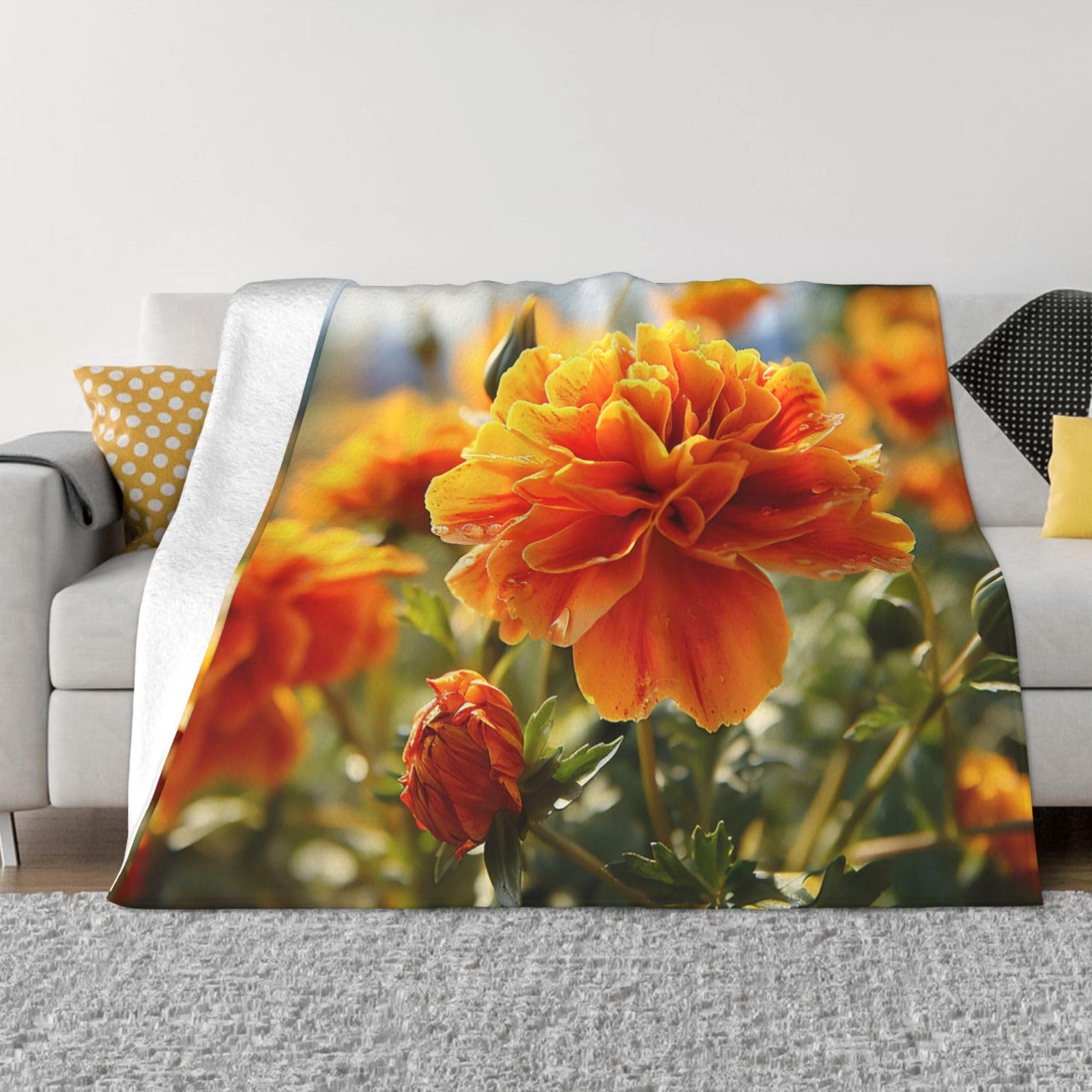 Fodpand Black Marigold Flower Autumn Flowers Flannel Blanket 50"X40" - Ultra-Soft Lightweight Throw Blanket For Bed, Sofa, And Couch - Luxury Air Conditioning Blankets - Cozy Warm Blankets For All Seasons