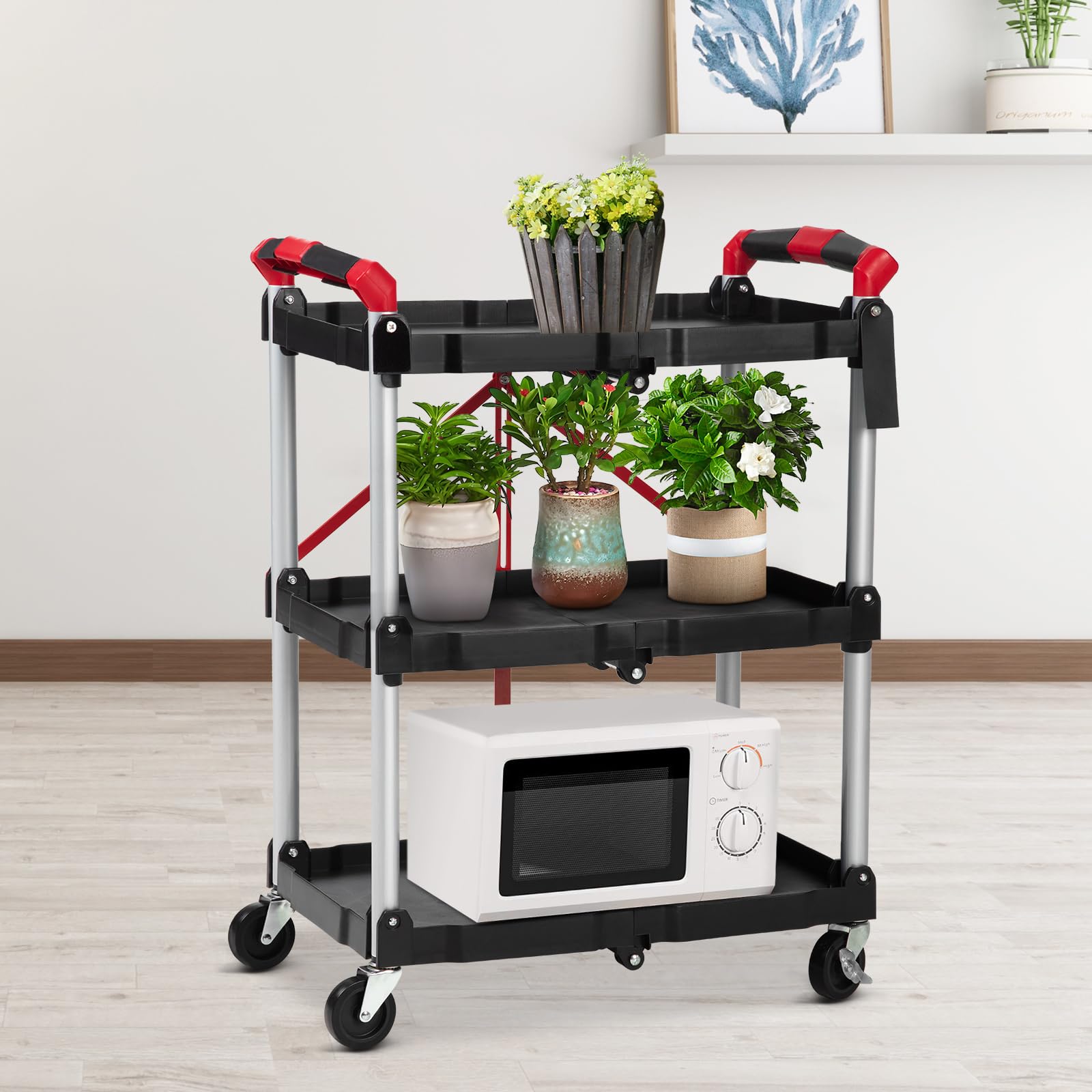 Carro de Servicio Plegable 3 Niveles, Carro de Herramientas con Ruedas Giratorias y Freno, Carro Auxiliar Compacto para Garaje, Almacén, Oficina, Hogar y Hostelería, Capacidad de 96 kg,