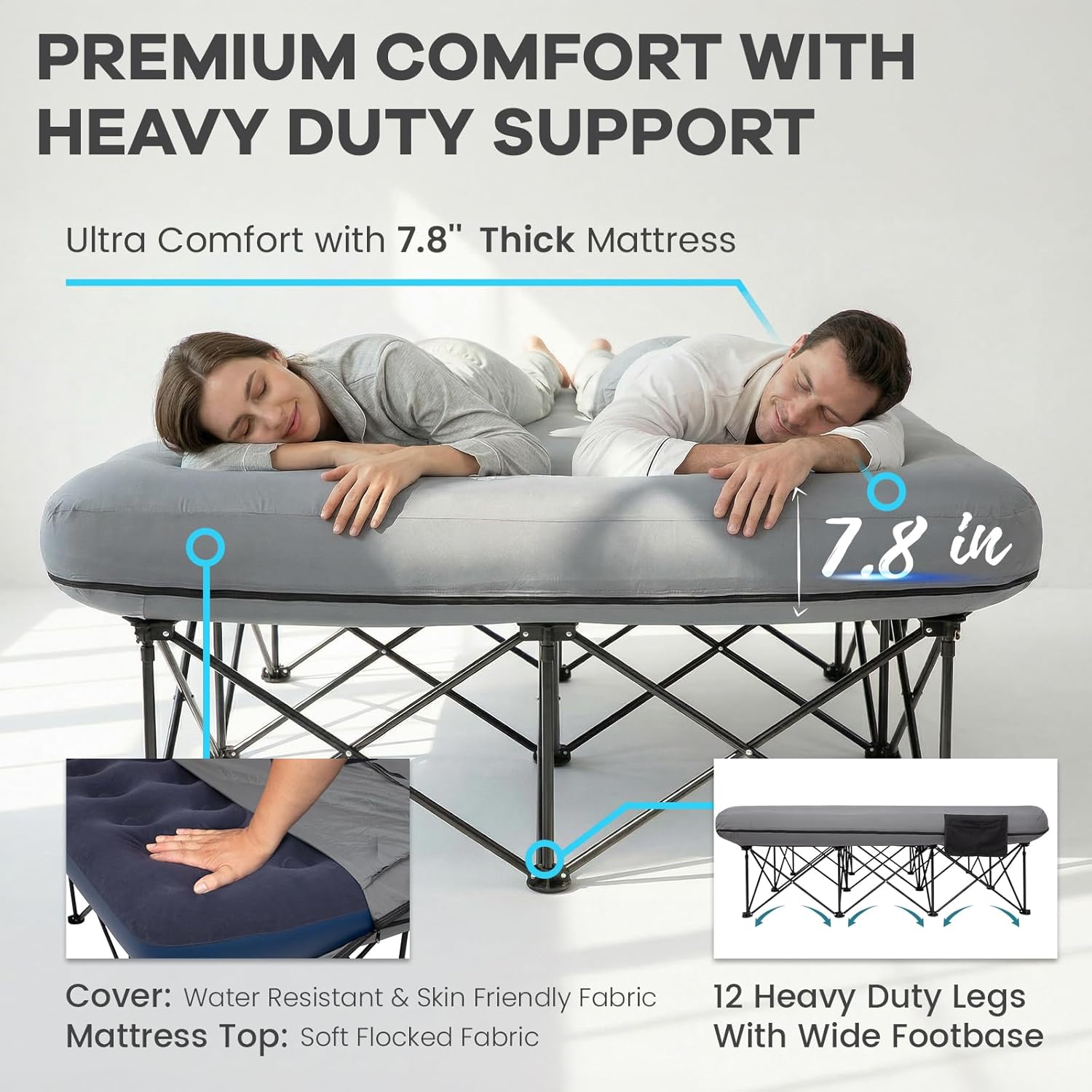 FUNDANGO Queen Camping Cot with Electric Pump, 2 Person Inflatable Air Mattress with Folding Frame, Portable Camping Bed with Cup Holders & Removable Cover for Adults, Tent Guest, Carry Bag Included