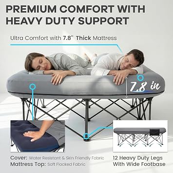 FUNDANGO Queen Camping Cot with Electric Pump and Air Mattress, 80 x 60 in | Removable & Washable Cover, Folding Frame, Cup Holders, Carry Bag, for Tent