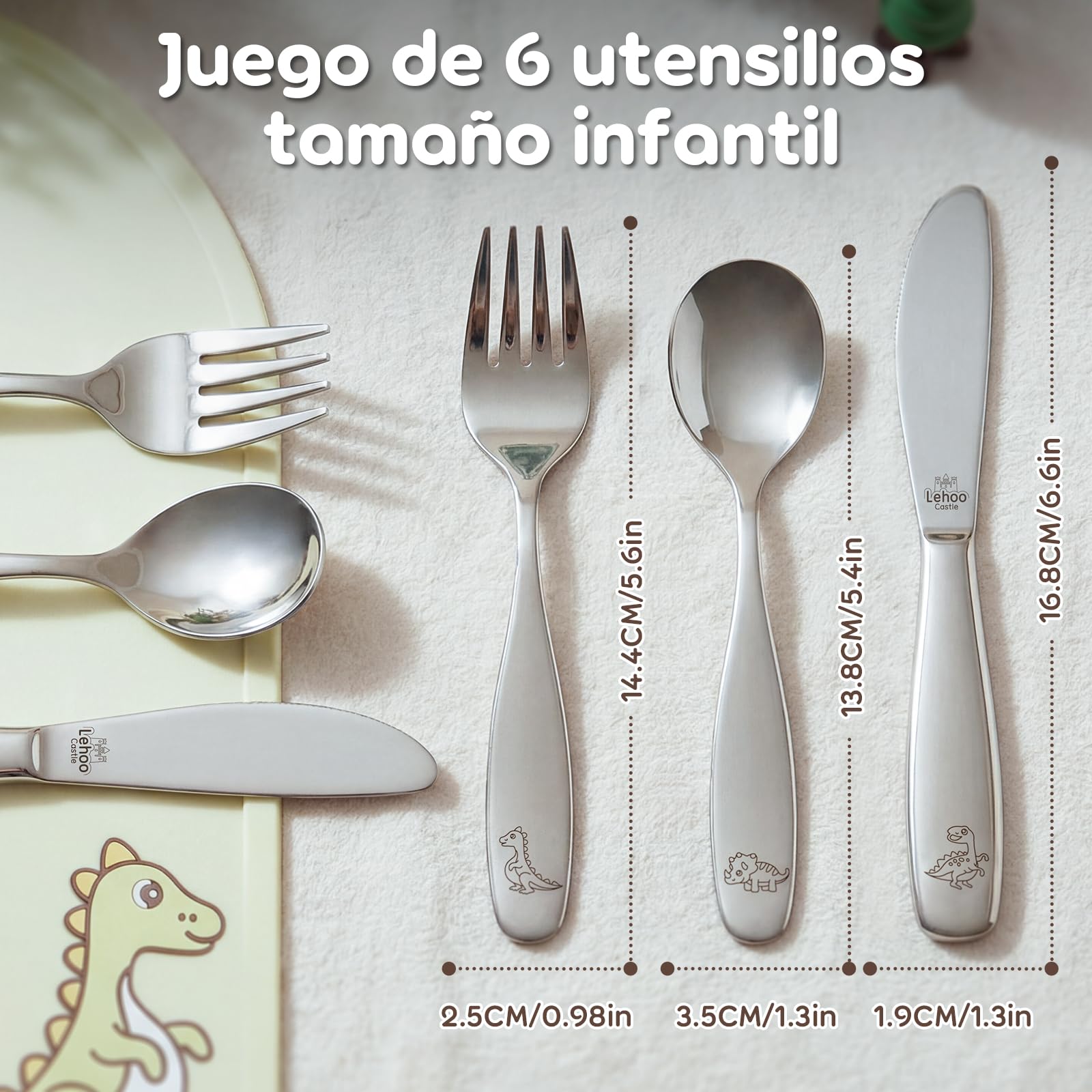 Lehoo Castle Cubiertos Infantiles de Acero Inoxidable, Set 6 Piezas Cubiertos Bebe Dinosaurios, 2 x Tenedores, 2 x Cucharas, 2 x Cuchillos, Vajilla Bebé y Niños