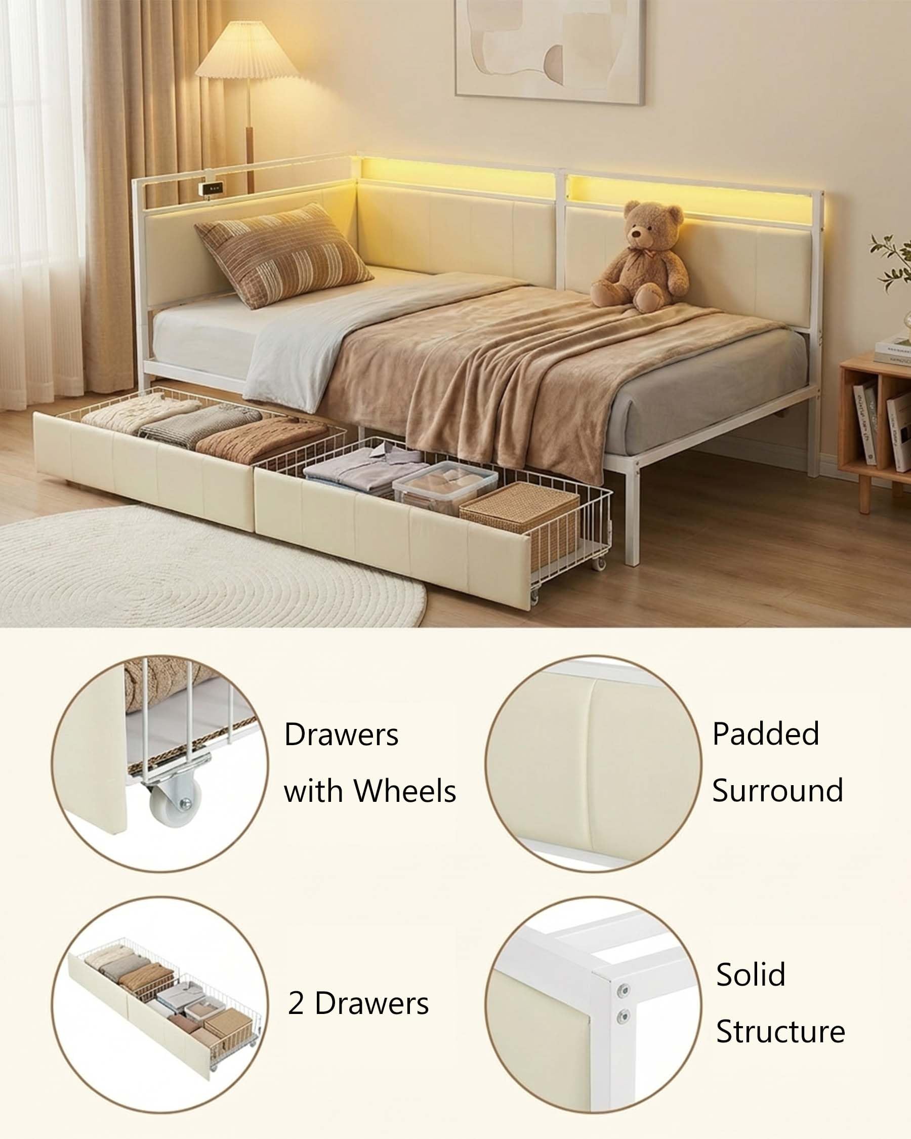 Cama para adolescentes, 90 x 200 cm, sofá cama, cama de día con almacenamiento, cama tapizada con cabecera acolchada, marco de cama de metal, blanco/beige, terciopelo