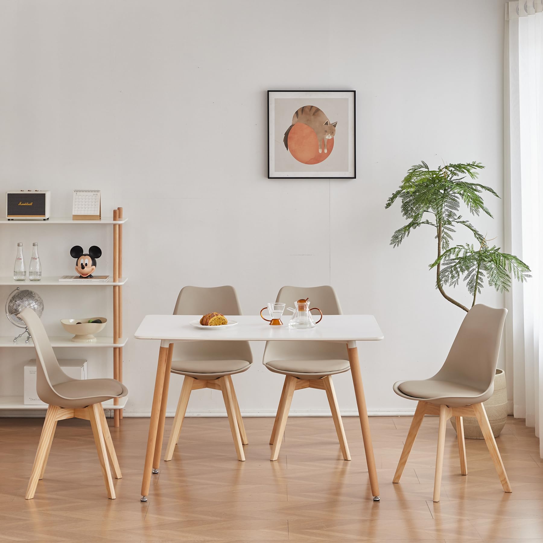 GrandCA HOME Table à Manger Rectangulaire avec 4 Chaises Rembourrées Ensemble de Salle à Manger, pour la Maison, Le Bureau, la Cuisine, Beige