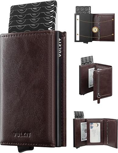 VULKIT Cartera plegable de cuero con compartimento para billetes, ventana de identificación y moneda