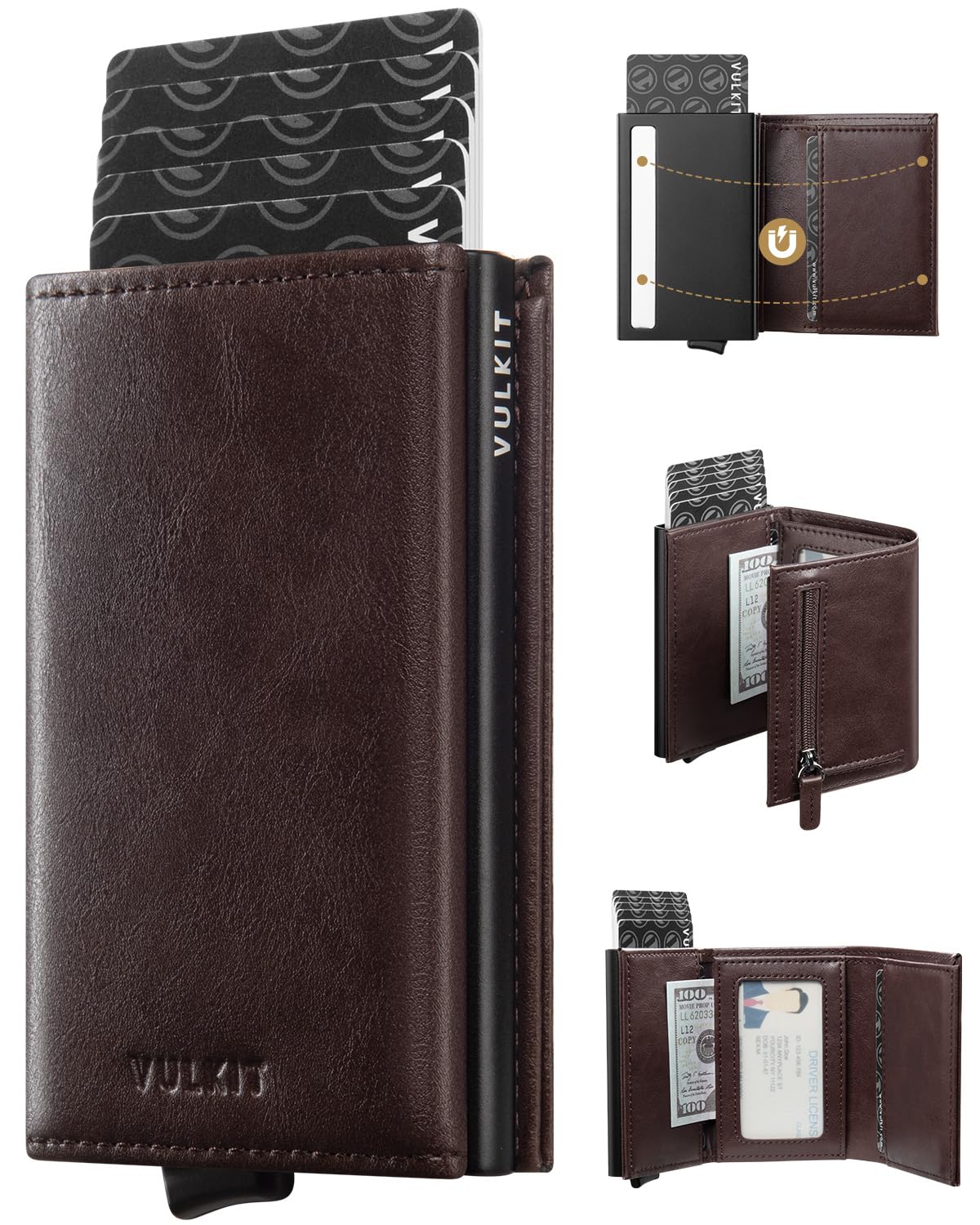 VULKIT Credit Card Holder RFID Blocking Mens Leather Bifold Card Wallet Automatic Pop Up for 9 Cards with ID Window & Coin Pocket