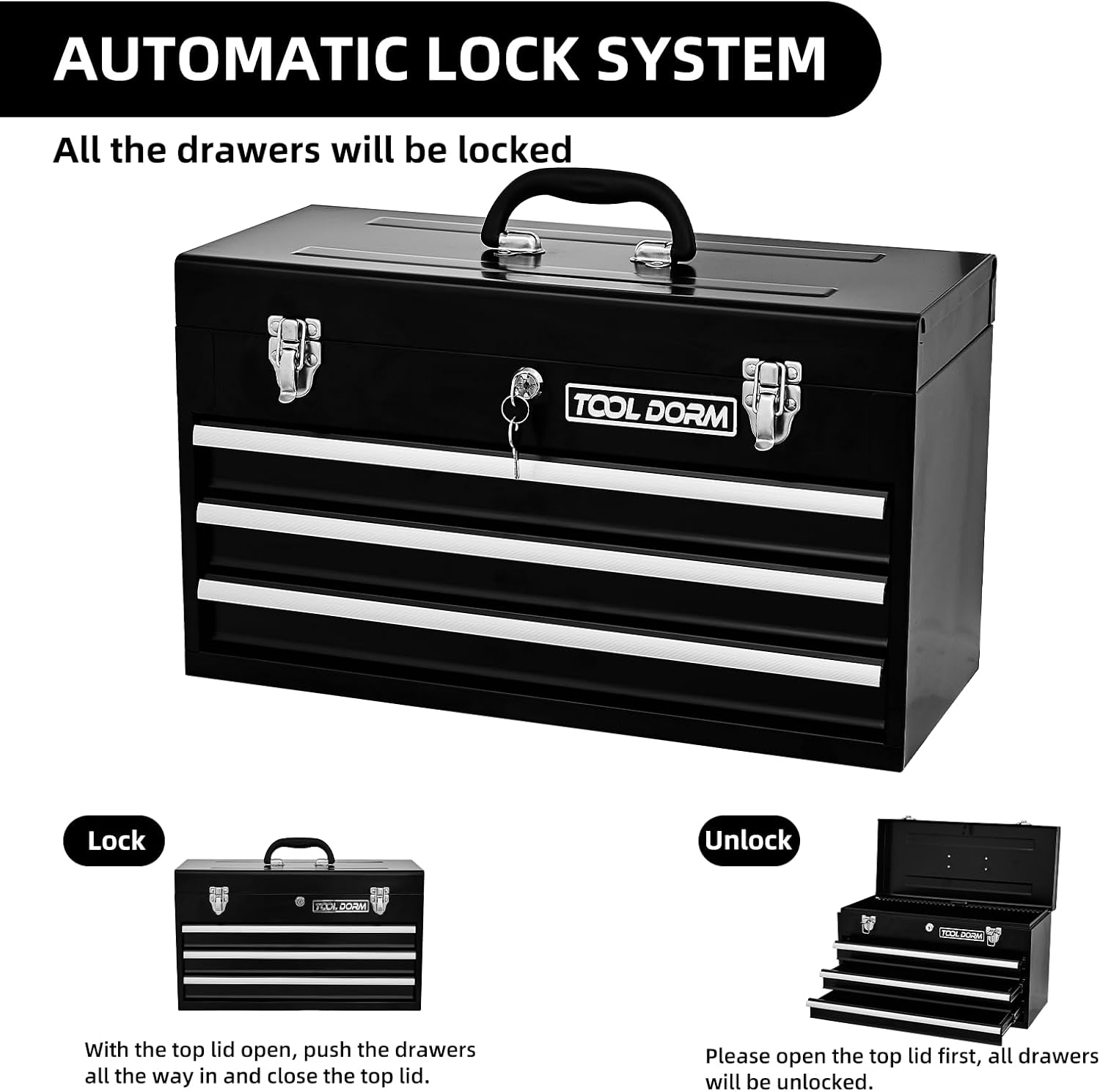 20.3“ Metal Tool Box with Drawers Portable Steel Tool Chest with Metal Cylinder Lock and Latch Closure, Black Powder coating, suitable for Garage, Warehouse and Outdoor Repair job (Black), TB0001