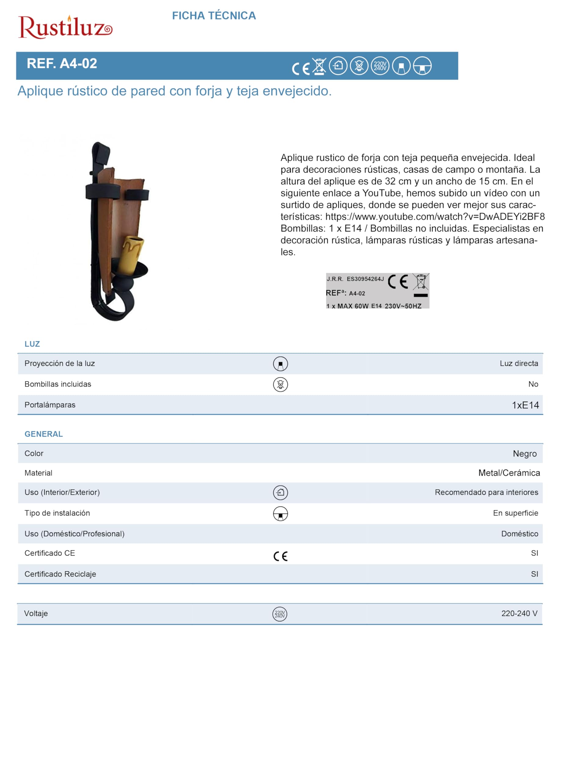 Rustiluz 49362 - Applique da parete in ferro battuto con tegola, stile rustico