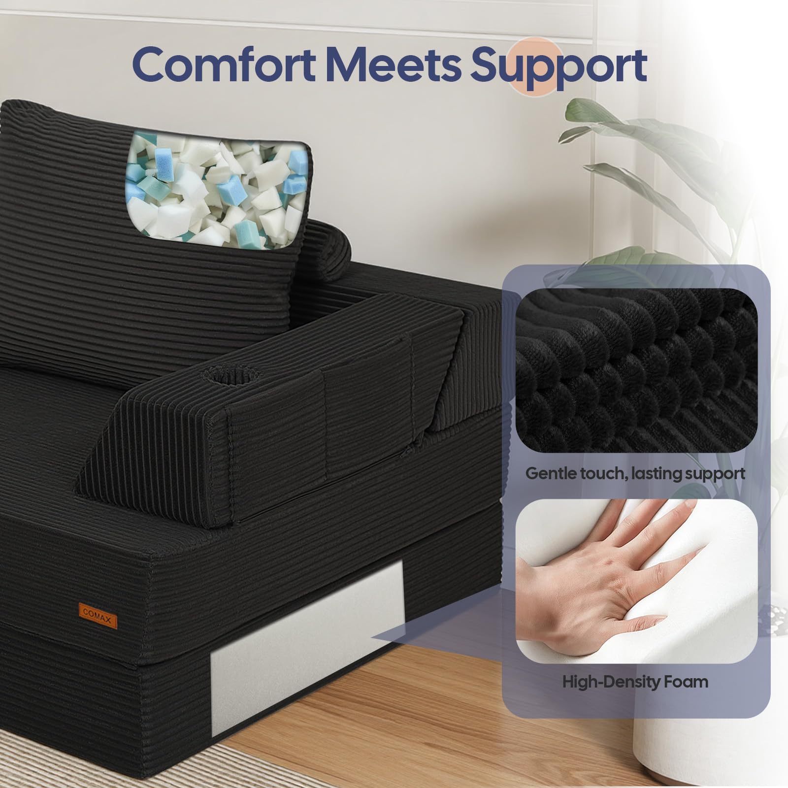 COMAX Folding Sofa Bed, Foldable Couch for Bedroom, Corduroy Convertible Floor Sleeper Futon Chair Foam, 3 in 1 Fold Out Chair Portable Comfy Lounge Couch Single Sofa Bed for Small Space Guest Room