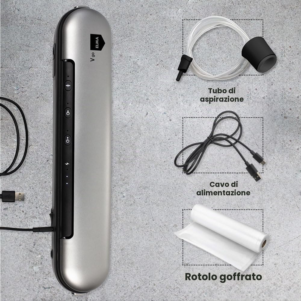 ELMA Macchina Sottovuoto a Bateria, Macchina Sottovuoto Domestica V Go per il Confezionamento di Alimenti Secchi | Wireless, Barra Saldante 30 cm, 37,6 x 7,8 x 5,8 cm | Include 1 Rotolo di Sacchetti
