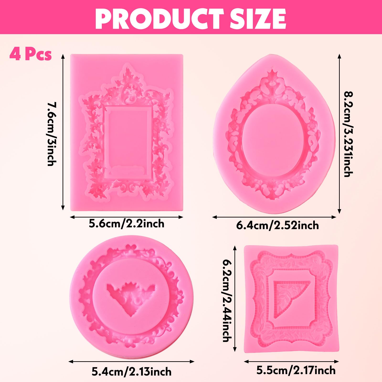 Shimmeroo 4Pcs Picture Frames Silicone Mold, Photo Frame Fondant Baroque Style Frame Molds for Cupcake Topper Cake Decoration Chocolate Candy Clay Gum Paste
