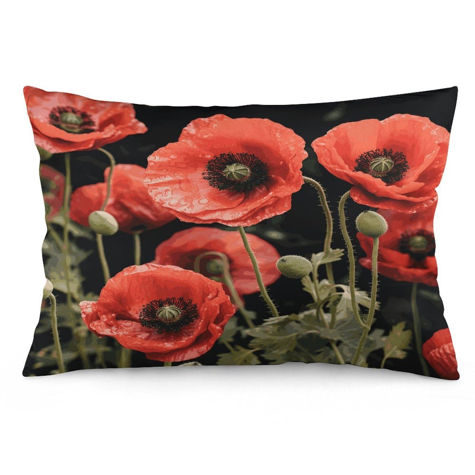Red Poppy Flowers Leaves Throw Pillow Covers with Silent Zipper Polyester Pillow Protectors Removable Pillow Cases Soft Pillowcase Cozy Pillow Sham Cushion Cover for Sofa Car Bed 12 "x20