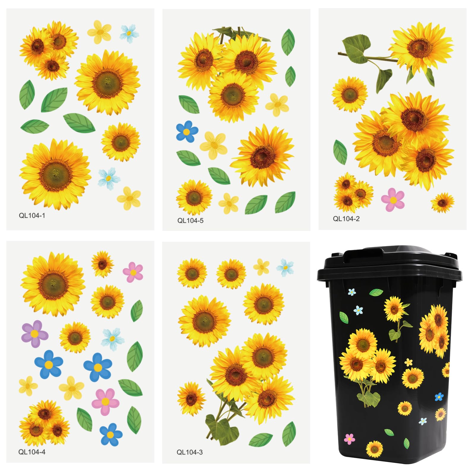 Sunflower Wheelie Bin Stickers, 82pcs Flower Dustbin Sticker Self Adhesive Wheelie Bin Labels Waterproof Sunflower Stickers for Bins Decorative (5 Sheets)