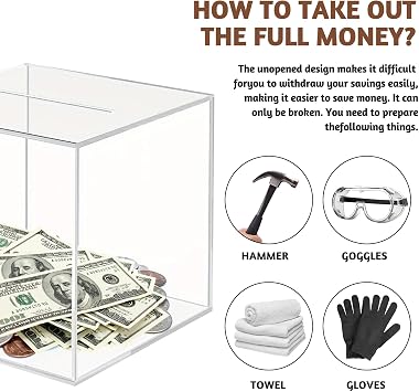 Clear Acrylic Money Box, 12X12X12cm Square Money Saving Box Unopenable Piggy Bank for Adults or Kids, Transparen Money Boxes for Cash or Coins
