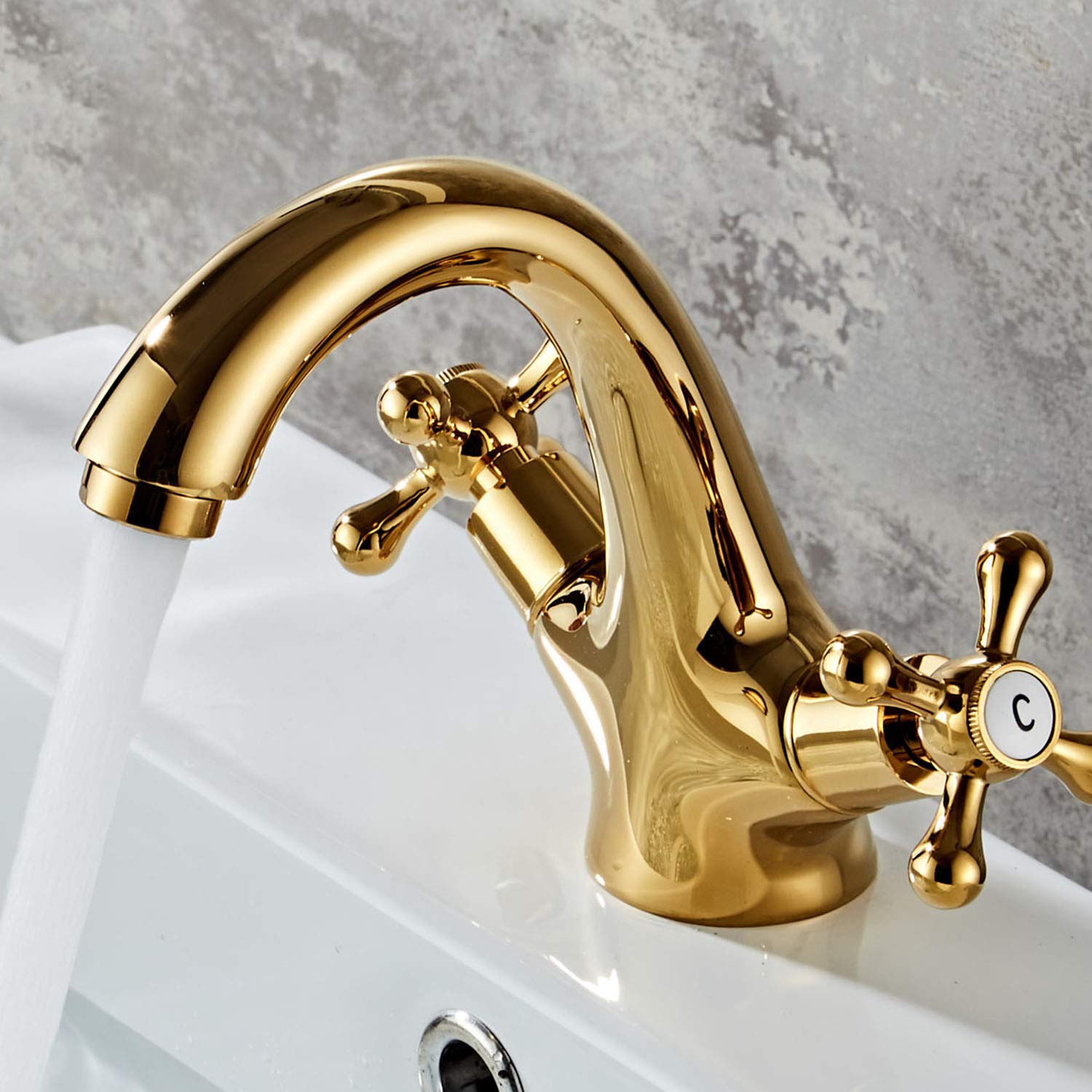 HomeLava Antik Messing Wasserhahn Waschtischarmatur Waschbeckenarmatur Zweigriff Mischbatterie Armatur Bad für Badarmatur Waschbecken mit Kreuzgriff Gold [Upgraded Version]