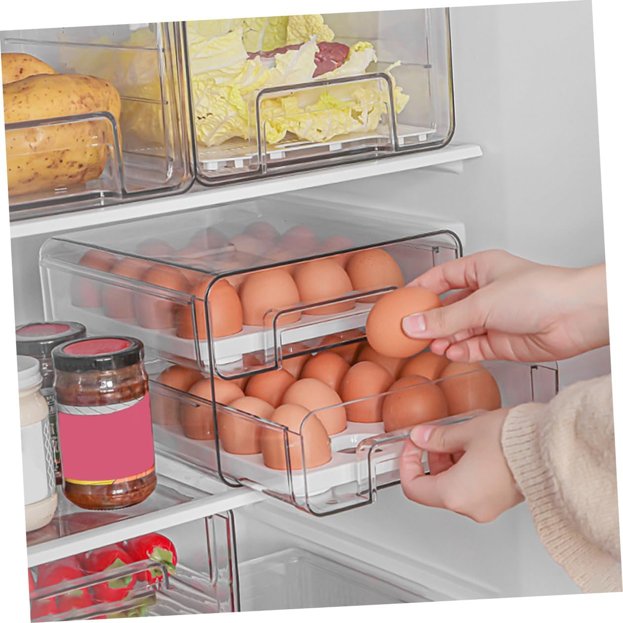 Refrigerator Organizer Bin Dual Layers Storage Container for Fridge Style Design Reduces Collision for Freshness and Multi-purpose Use