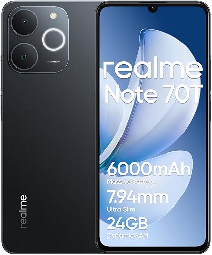 realme Note 70T Smartphone 4+256 GB, Gran batería de 6000 mAh, Carga rápida de 15W con Carga inversa de 6W, RAM dinámica de 24 GB, Pantalla con Modo de Comodidad Ocular de 90 Hz, Negro