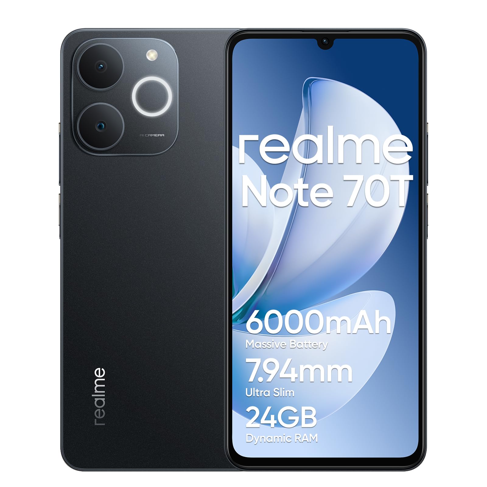 realme Note 70T Smartphone 4+128 GB, Batteria da 6000 mAh, Ricarica rapida da 15 W con supporto alla ricarica inversa da 6 W, RAM dinamica da 24 GB, display da 90 Hz con protezione per gli occhi, nero