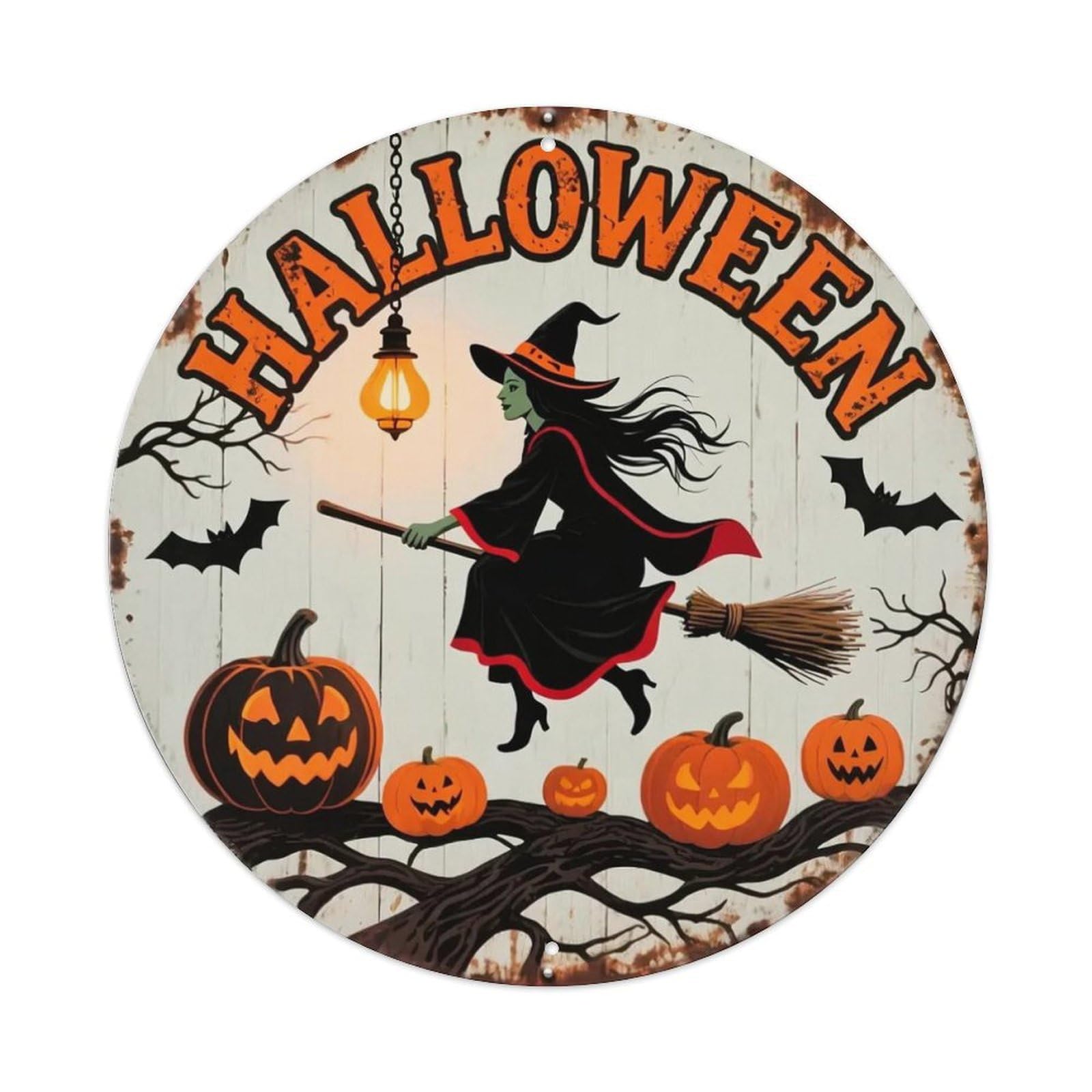 Halloween Witch Pumpkins Bats Lantern Round Metal Tin Sign Vintage Wall Decor, Bar Garage Cafe Kitchen Home Wall Art Poster 8x8inches