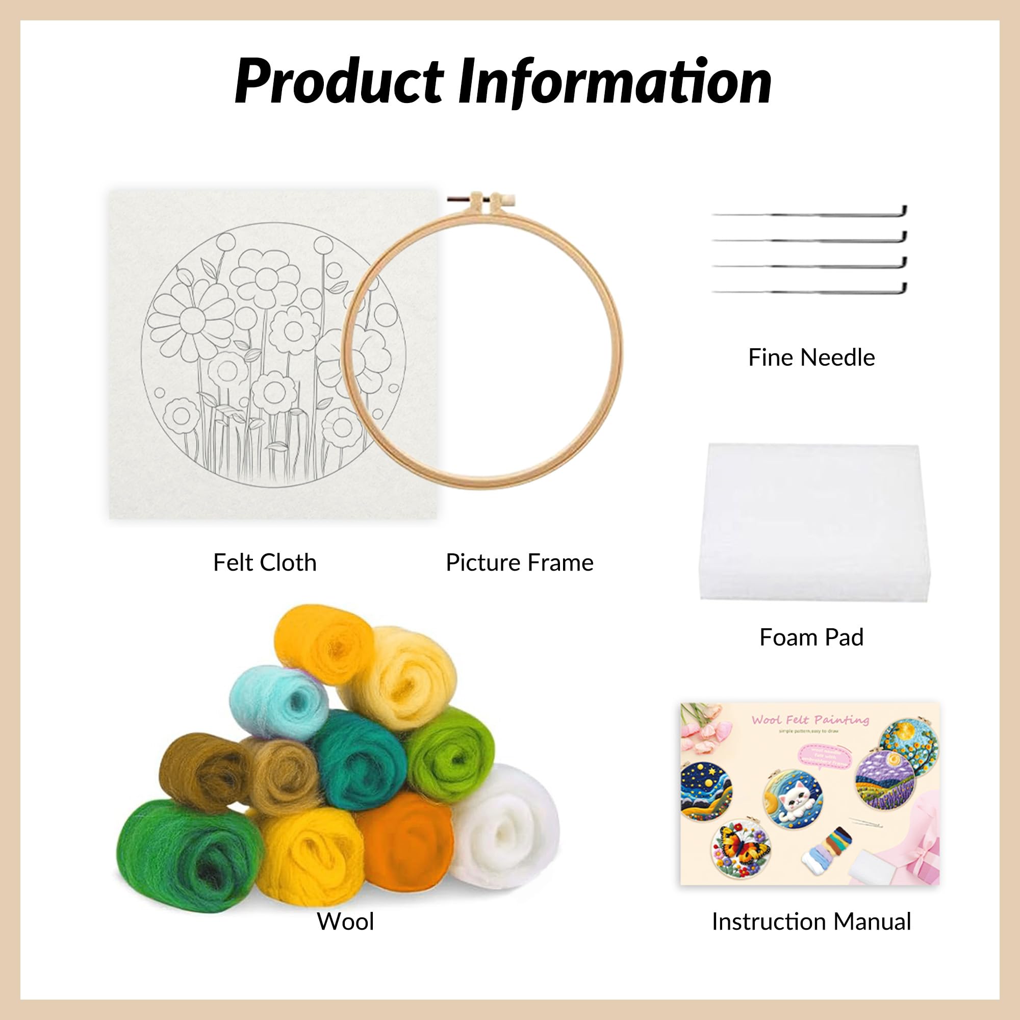 IWANTDIY Needle Felting Kits Beginners, DIY Wool Needle Felting Starter Kit, Needle Felt Set with Picture Frame, Foam Pad, Felt Cloth and Instructions, Gift for Home Decoration (color3)