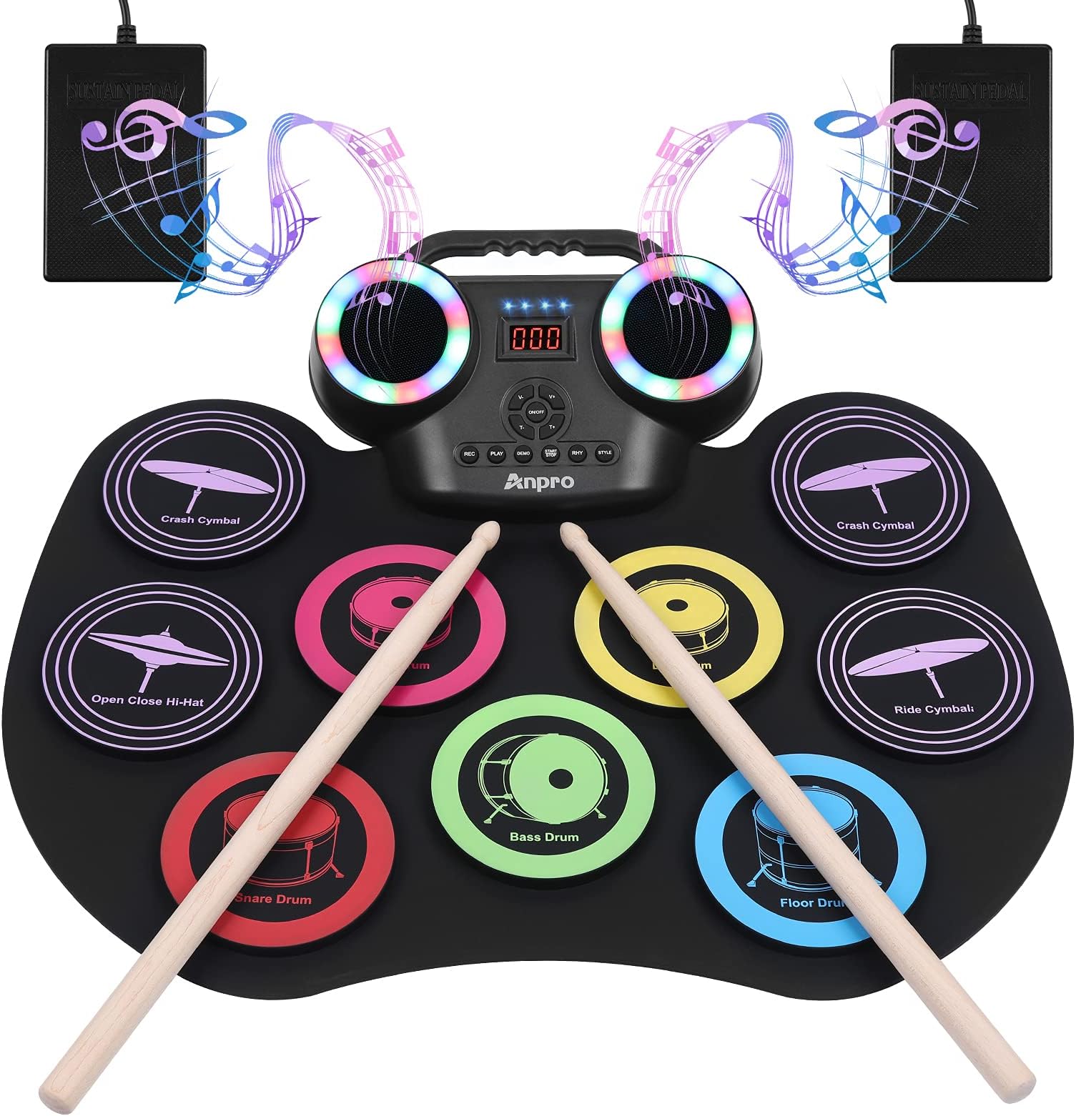 Anpro Nine-Sided Color Electronic Drum Set,9 PCS Drum Practice Set,Portable Electric Drum Set,Built in Audio with Earphone Jack,Ten Hours of Playback,Color LED Screen,Best Birthday Gift