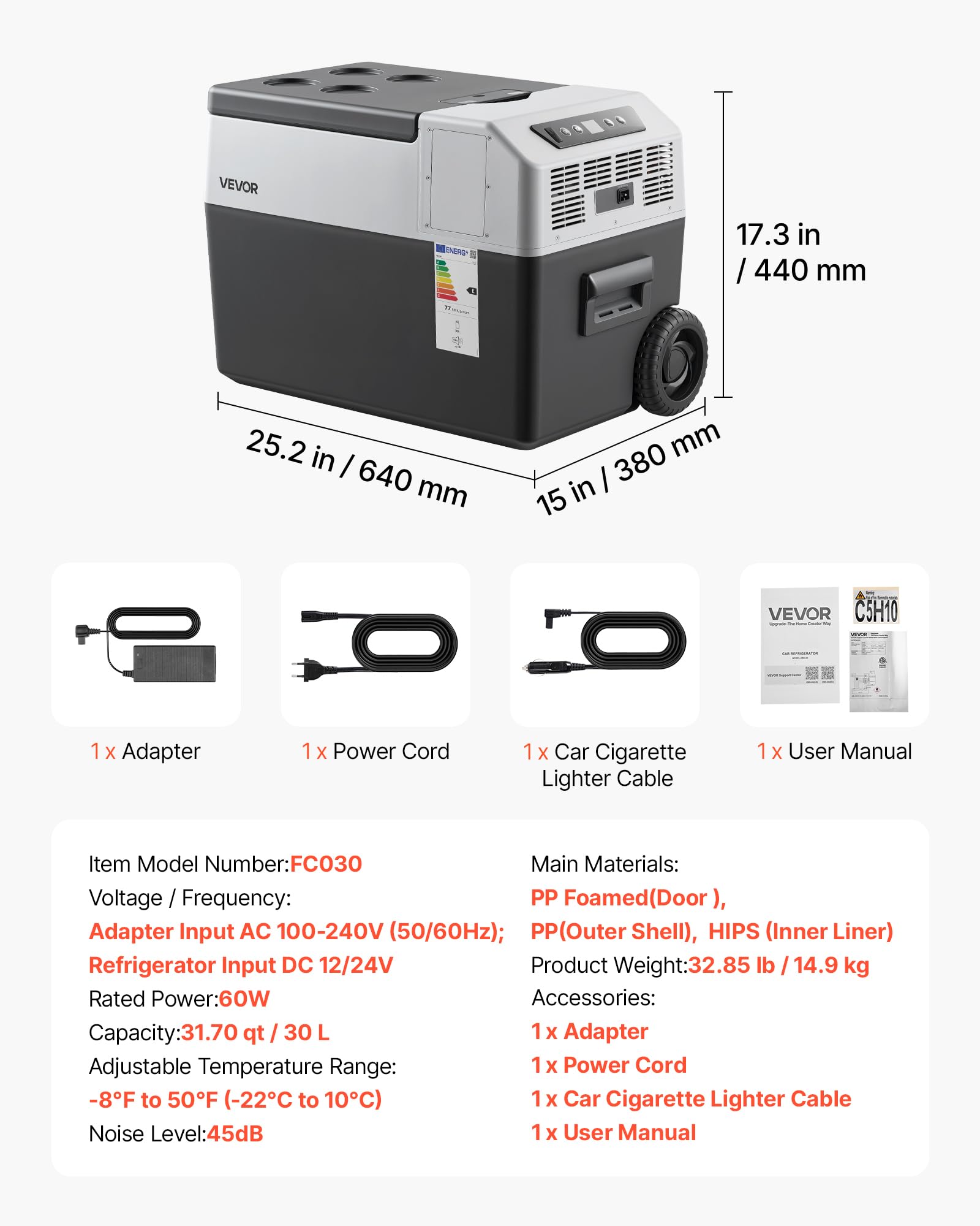 VEVOR Frigorifero per Auto Portatile, Frigorifero per Auto con Ruote Maniglia Capienza 30 L Controllo APP, Temperatura tra -22°C a 10°C, Congelatore Elettrico per Camper SUV da Campeggio Viaggio