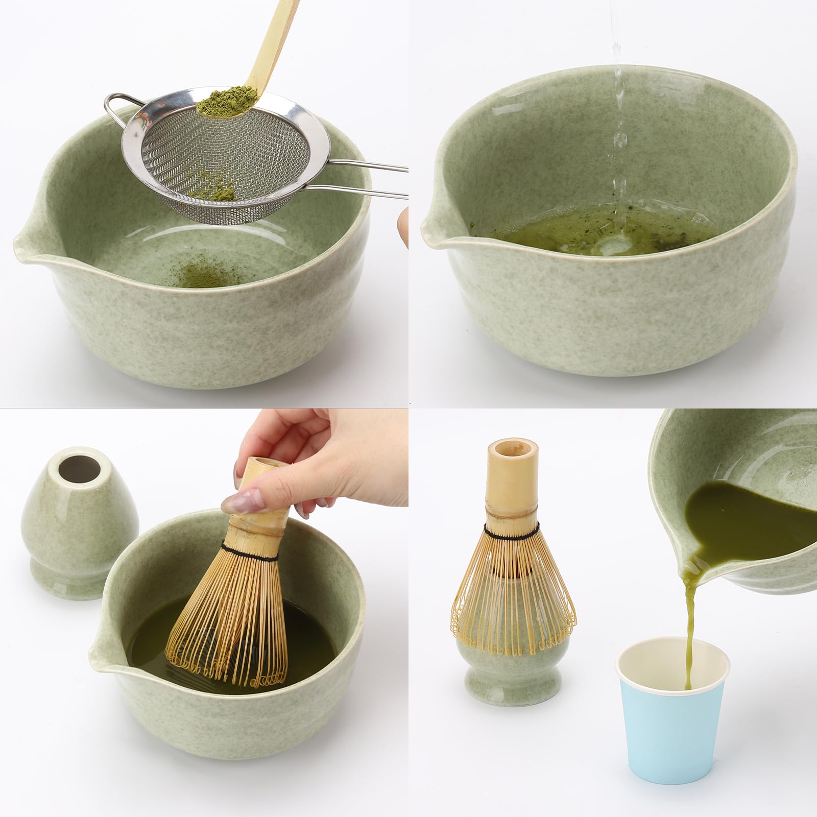 Matcha-Schneebesen-Set mit Bambus-Schneebesen (120 Zinken) und Keramikhalter und Schüssel, Schaufel, Edelstahlsieb für Frauen, Weihnachten, Geburtstag, 6-teilig