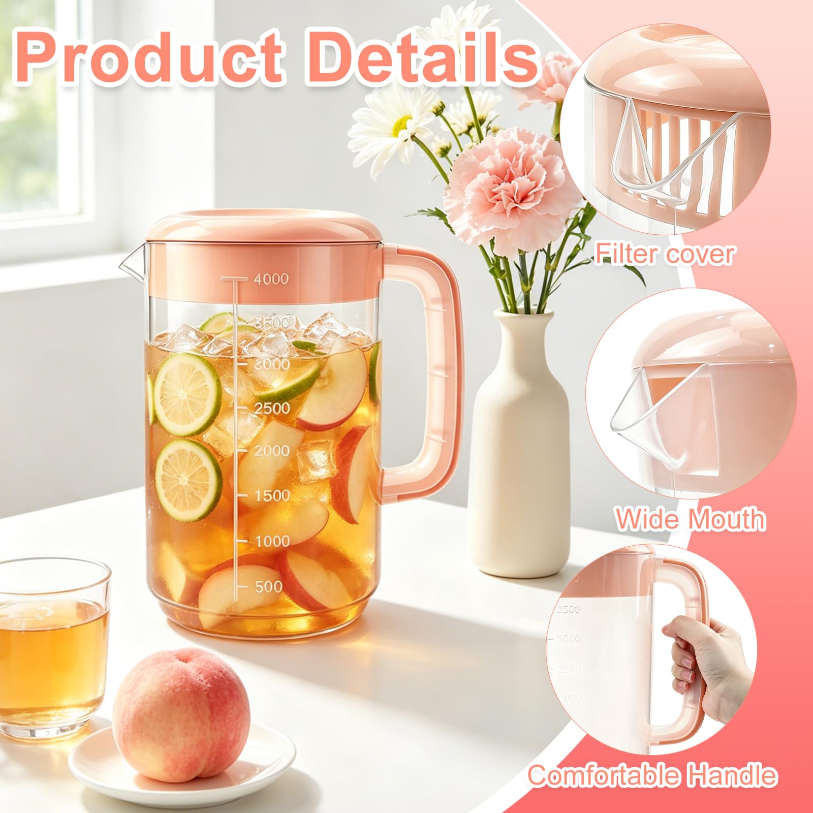 Nexboraque Paquete de 2 jarras coladoras de plástico de 1 galón con tapa, jarra de agua grande con asa y medidas para bebidas frías, jarra de té helado para limonada, leche, jugo, bebidas, rosa,