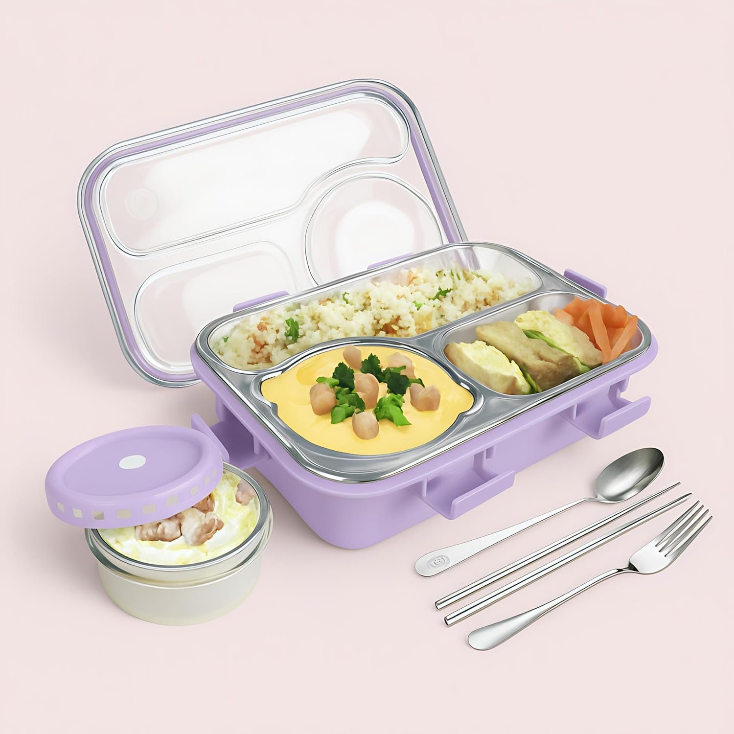 Royals hub Lunch Box 3 Compartment Out Side-Leak-Proof BPA Free Stainless Steel, Lunch Box for Girls, Lunch Box for School with a Fork, a Spoon and a Pair of Chopsticks 750 ml (Purple)-image-26