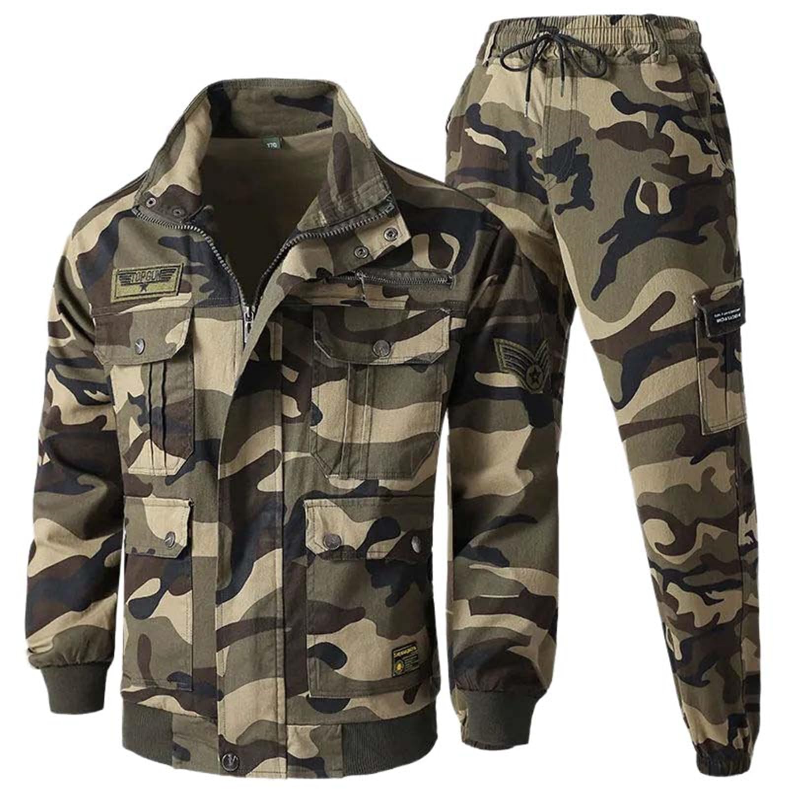 USTZFTBCL Combinaison d'extérieur en coton pour homme Veste tactique et pantalon cargo Printemps et Automne Ensemble militaire résistant avec plusieurs poches