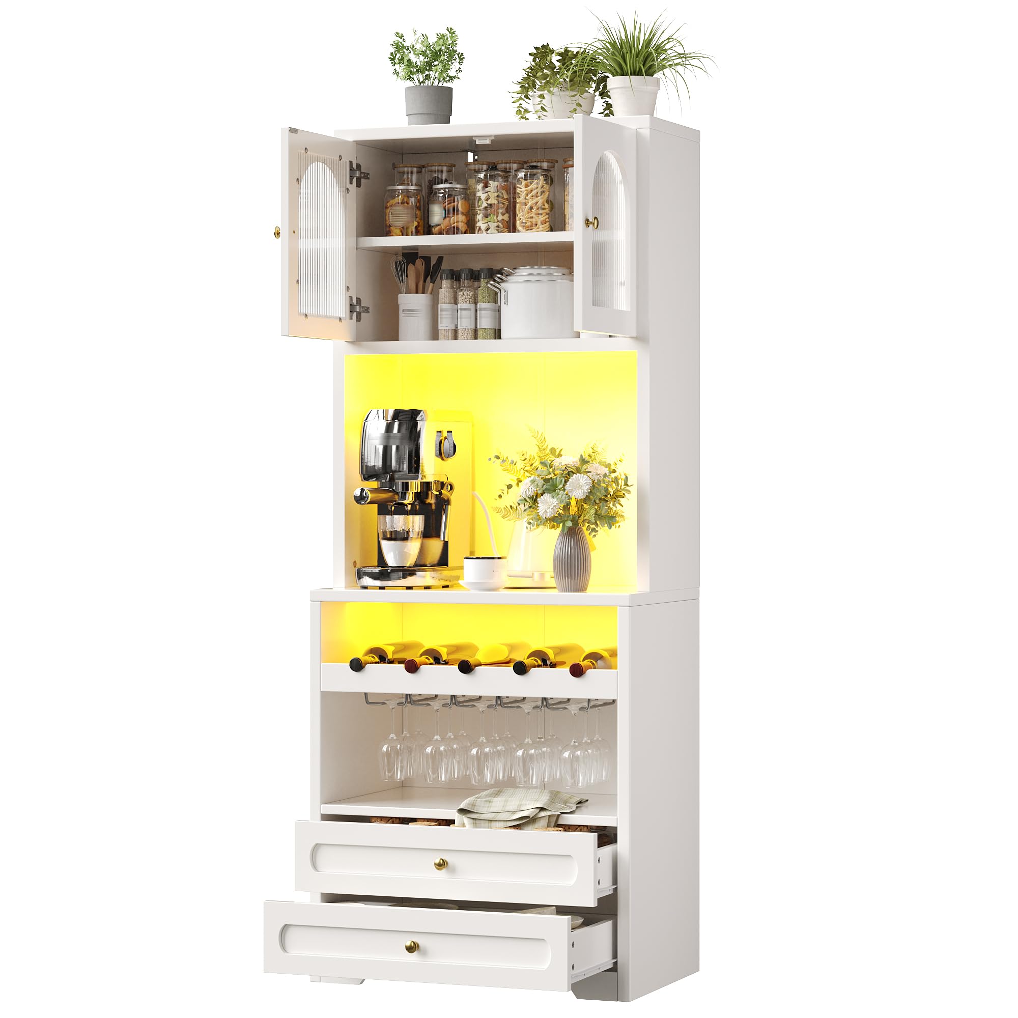 Hochschrank mit gewölbten Glastüren, einstellbare Böden, Weinregal, Kippschutz, für Wohnzimmer & Esszimmer, Weiß