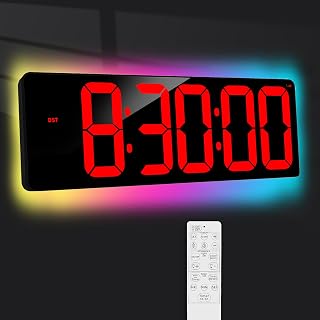 TXL 17.2" WiFi Digital Wall Clock with Seconds, Large Countdown Timer for Classroom Home Gym Office, Alarm Clock with Remote Control, RGB Ambient Lights, 4 Dimmable Brightness, Auto DST(Red)