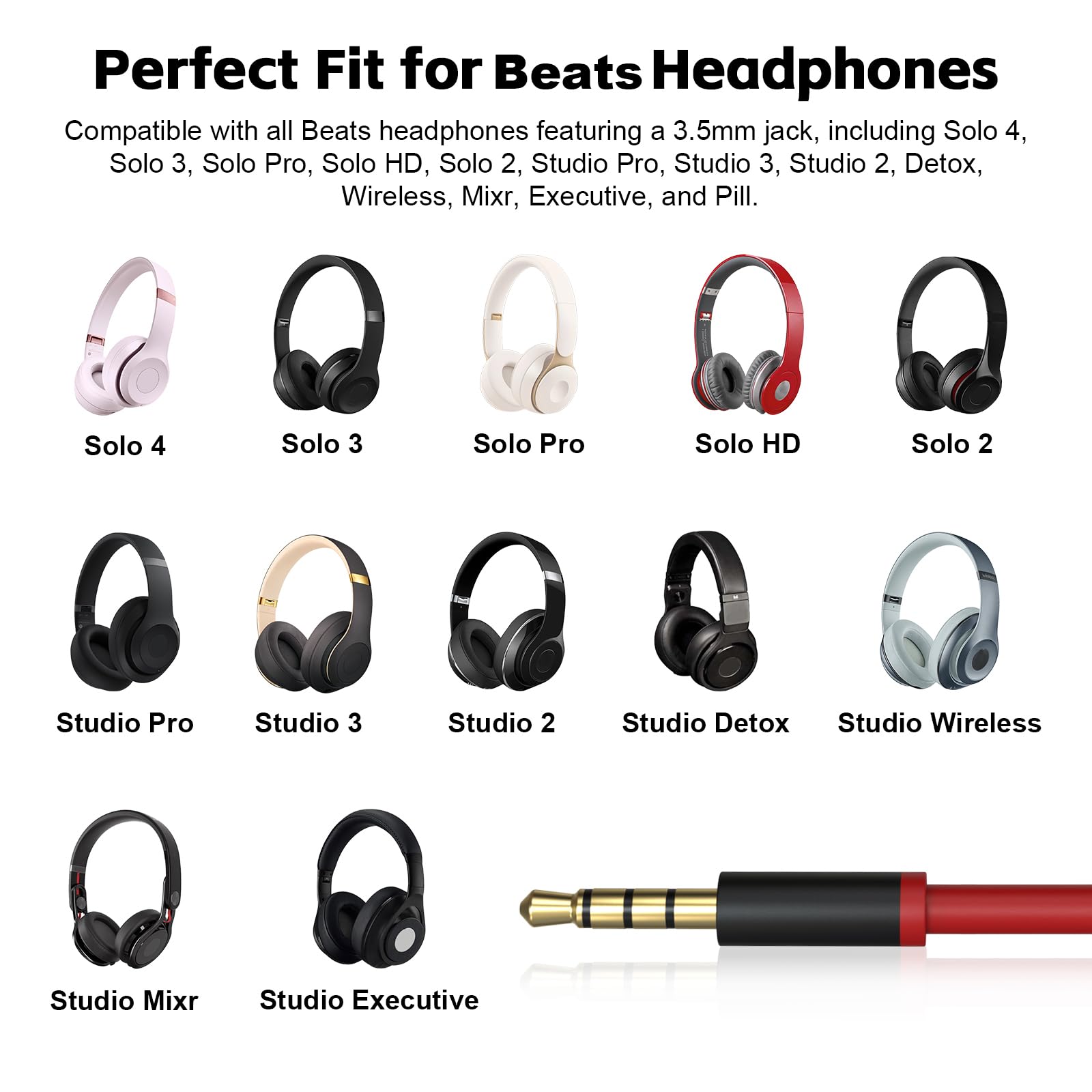 Cable de audio USB C Solo 4, cable auxiliar de audio de repuesto Solo 3 con control de micrófono en línea compatible con auriculares Beats Studio Solo Pro Detox Mixr Executive Pill para dispositivos