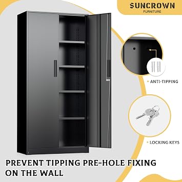 SUNCROWN Metal Storage Cabinets with Lock, 72 Locking Garage Cabinet with 2 Door and 4 Adjustable Shelves, Locking Tool Cabinets for Office,Home,Garage,Gym,School (Black)